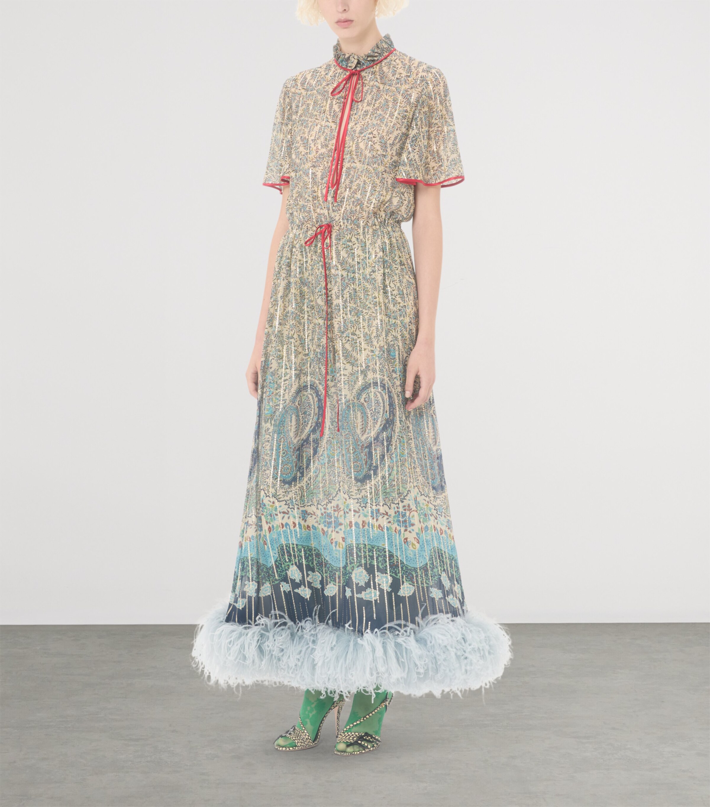 Valentino Womens Silk Feather-Trim Midi Dress Image 5