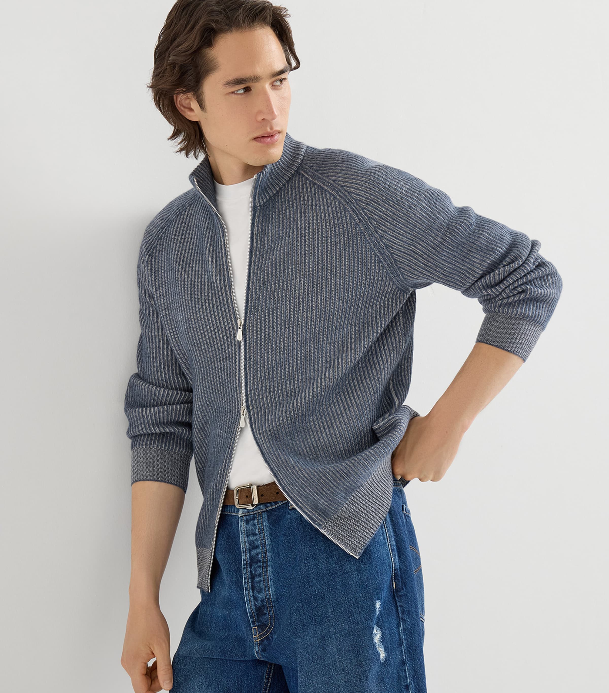 Brunello Cucinelli Mens Cashmere Ribbed Zip-Up Cardigan Image 2