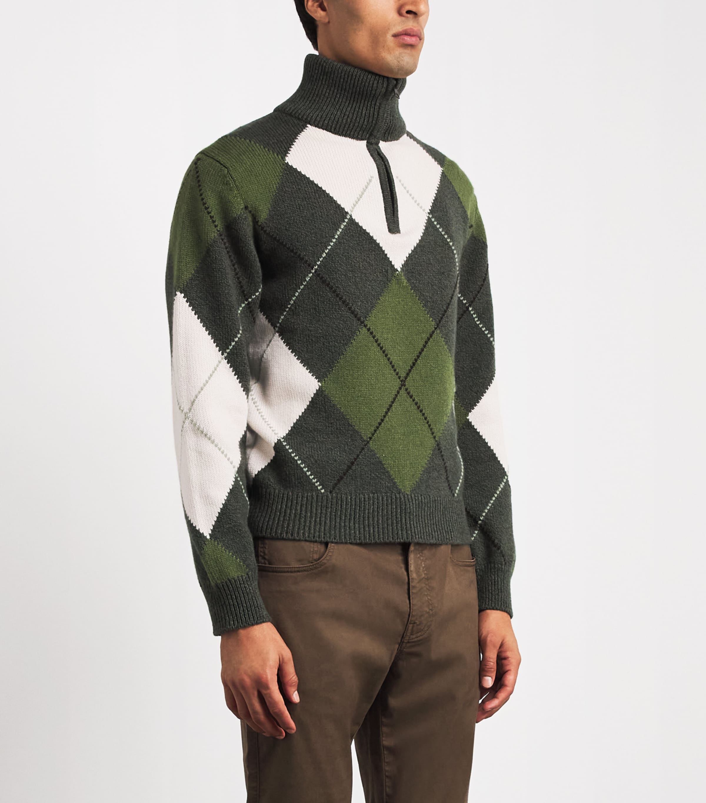 Purdey Mens Wool-Cashmere Strathmore Argyle Quarter-Zip Sweater Loden Image 4