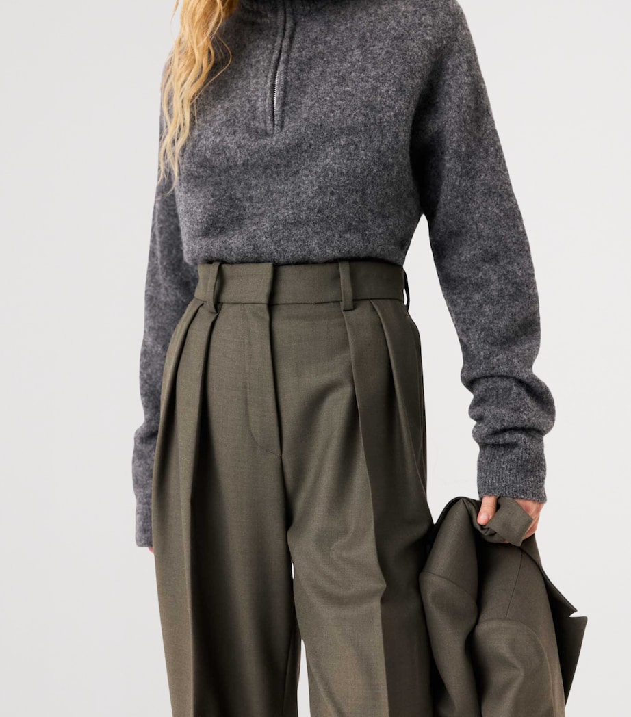 Maje Womens Wool-Blend Pleated Trousers Khaki Image 7