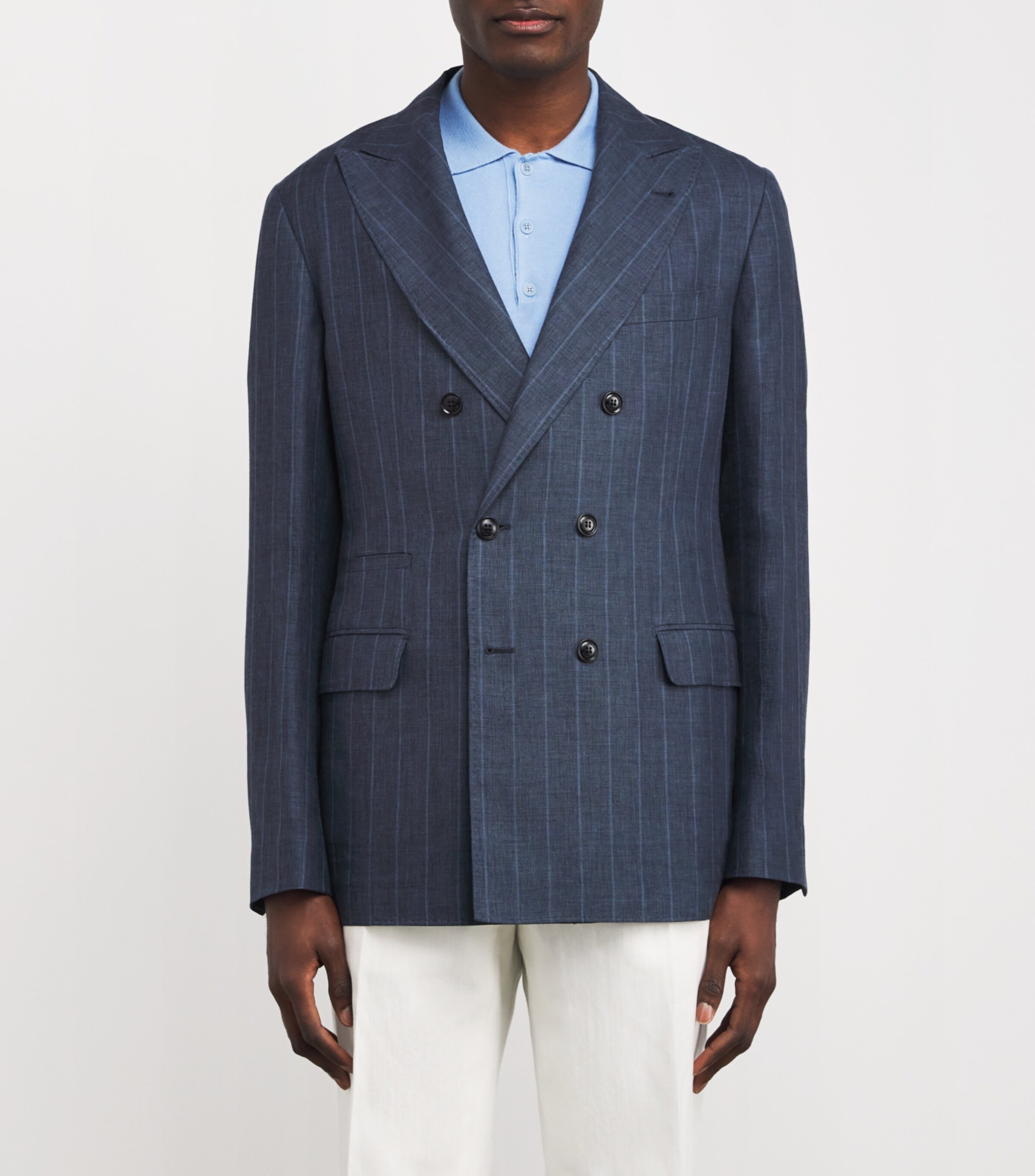 Brett Johnson Mens Wool-Linen-Silk Double-Breasted Blazer Navy Pinstripe Image 3