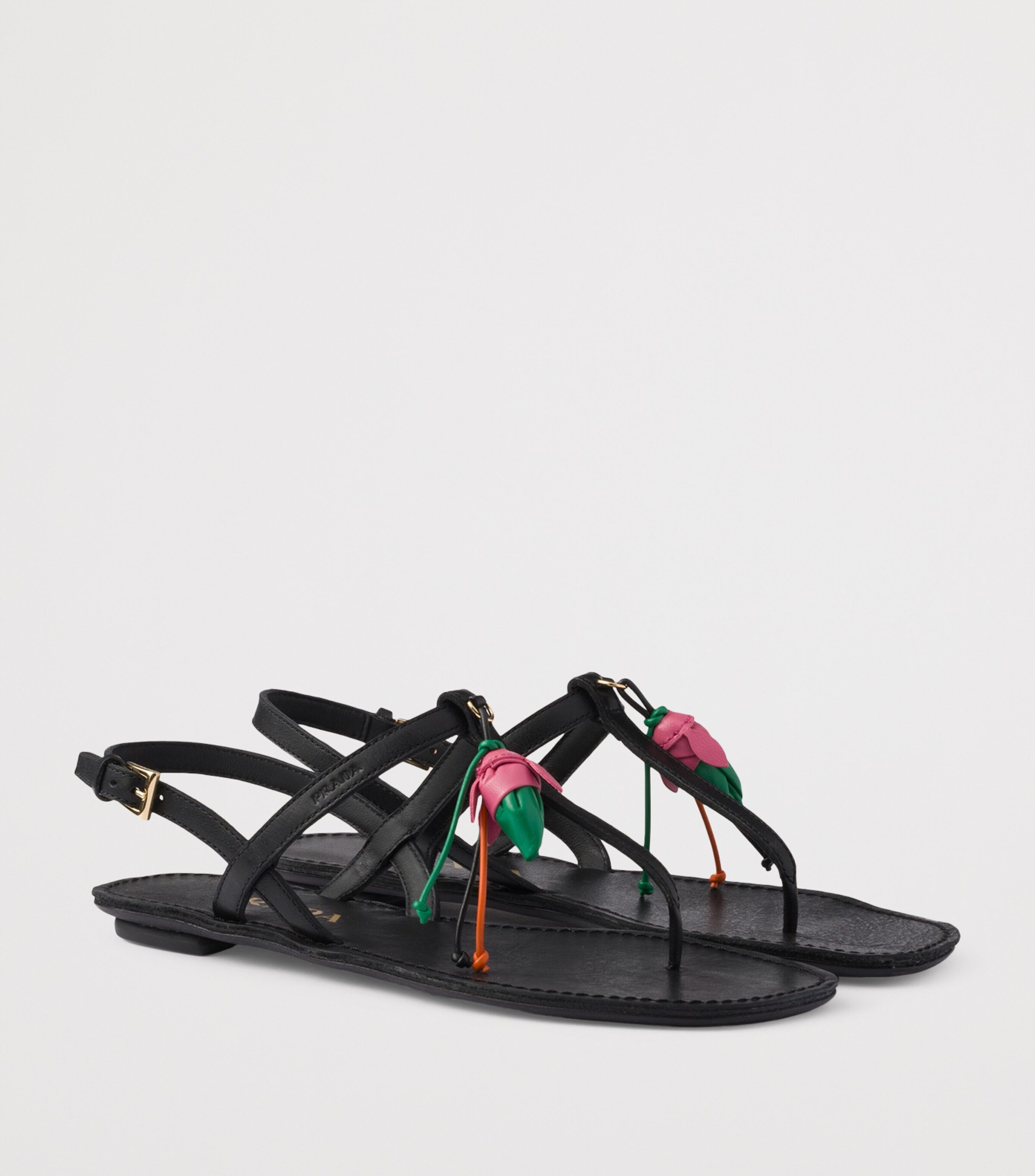 Prada Antiqued Leather Floral Thong Sandals Black Image 2