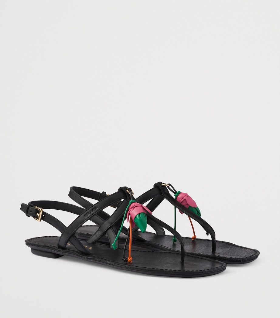 Prada Antiqued Leather Floral Thong Sandals Black Image 2