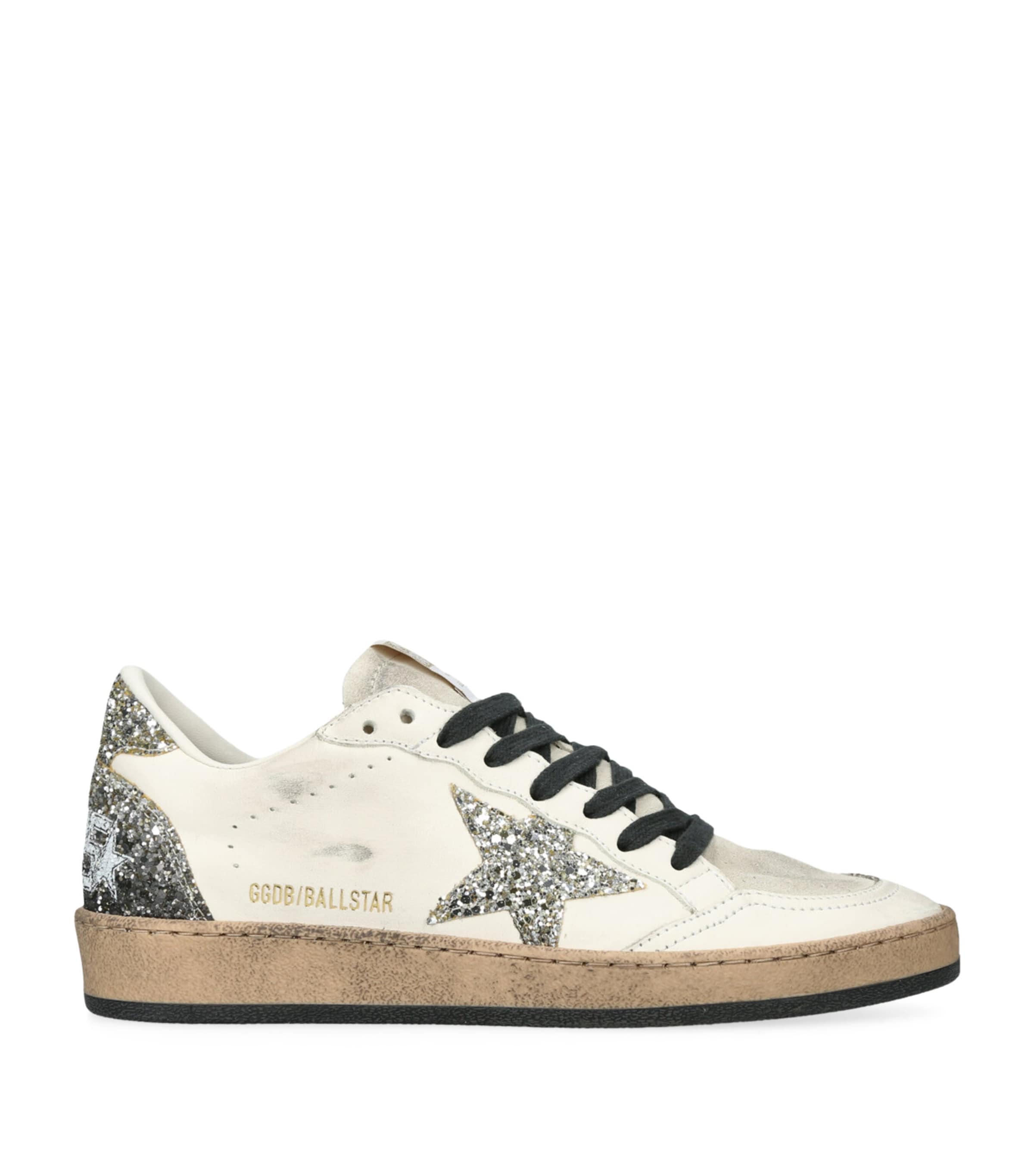 Golden Goose Nappa Leather Sneakers With Silver Glitter Star Accents In Gray