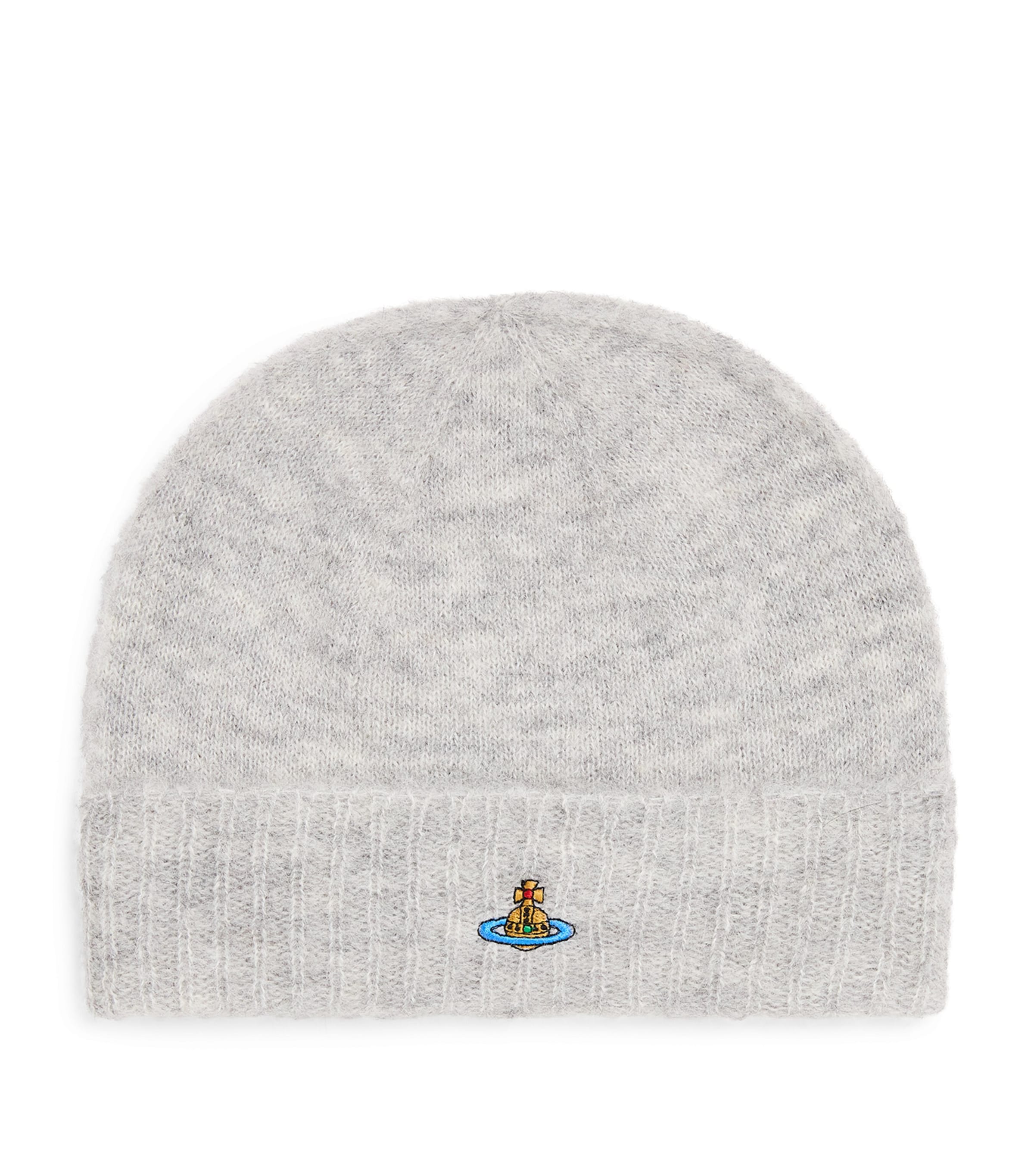 Vivienne Westwood Mens Grey Fluffy Brand-embroidered Alpaca-blend Beanie Hat In Gray