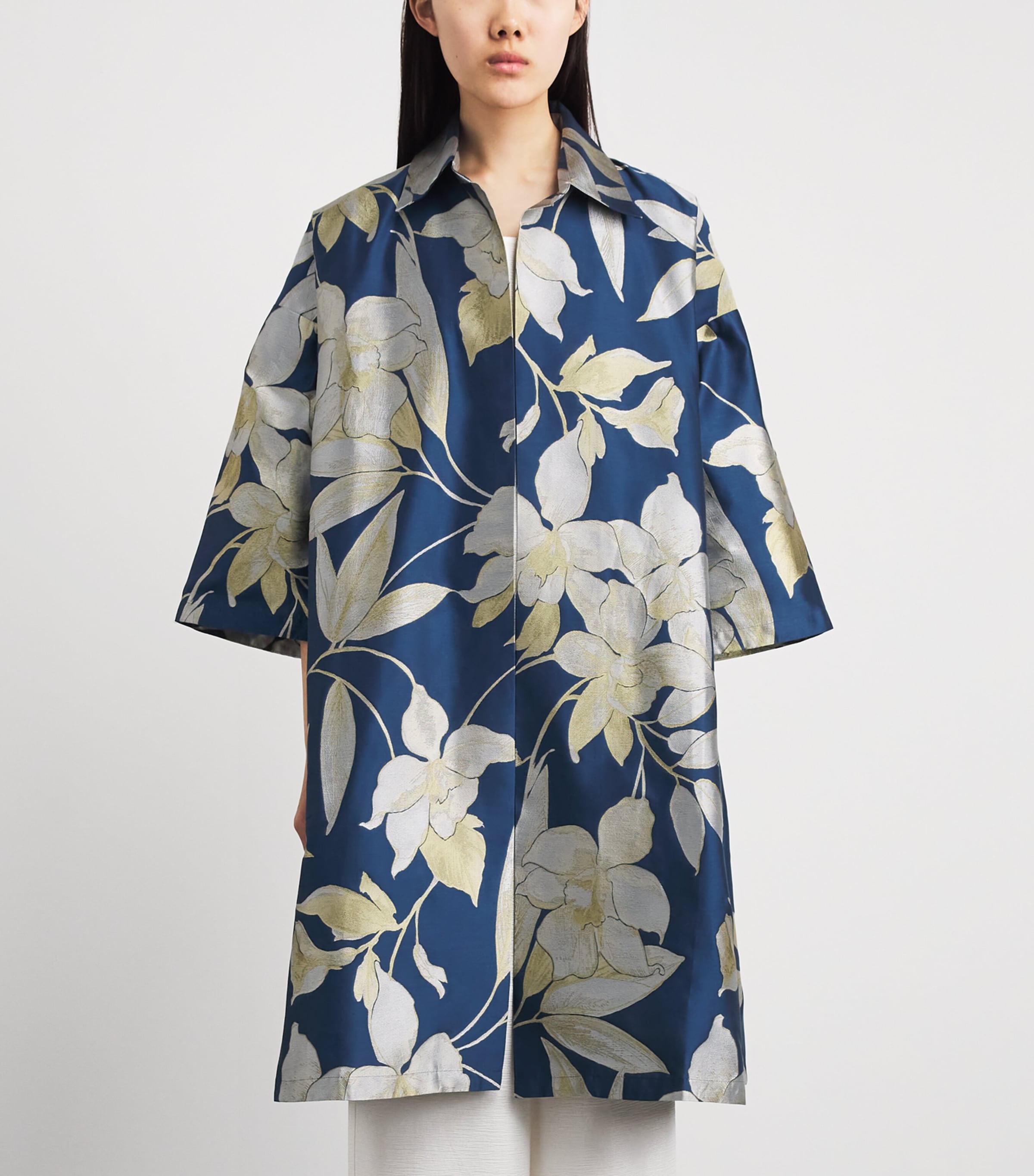 Eskandar Womens Cotton-Silk Jacquard A-Line Shacket Blugld Image 4