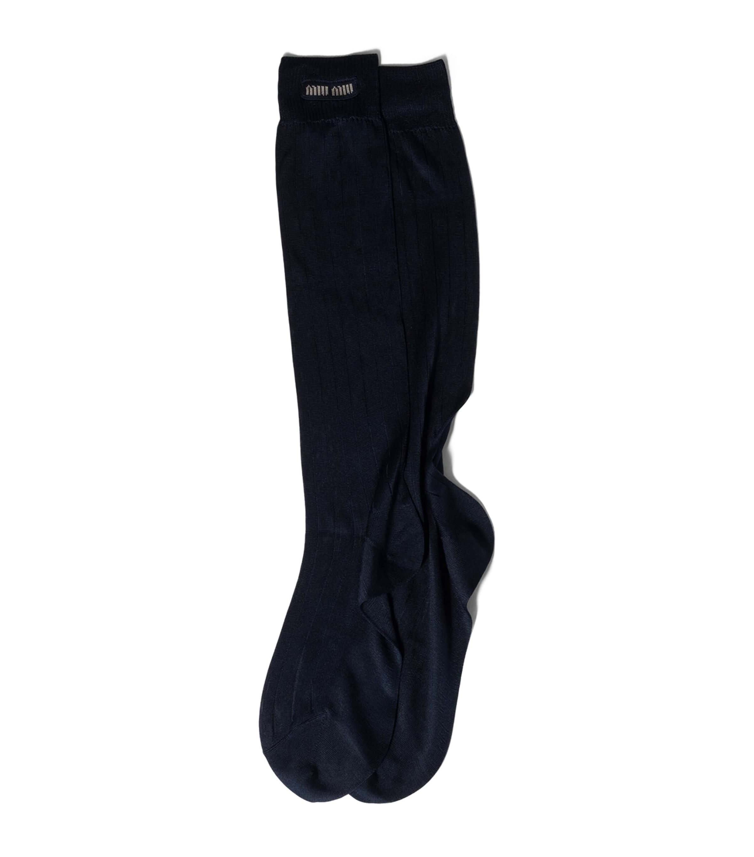 Miu Miu Womens Silk-Blend Logo Socks Blue Image 1