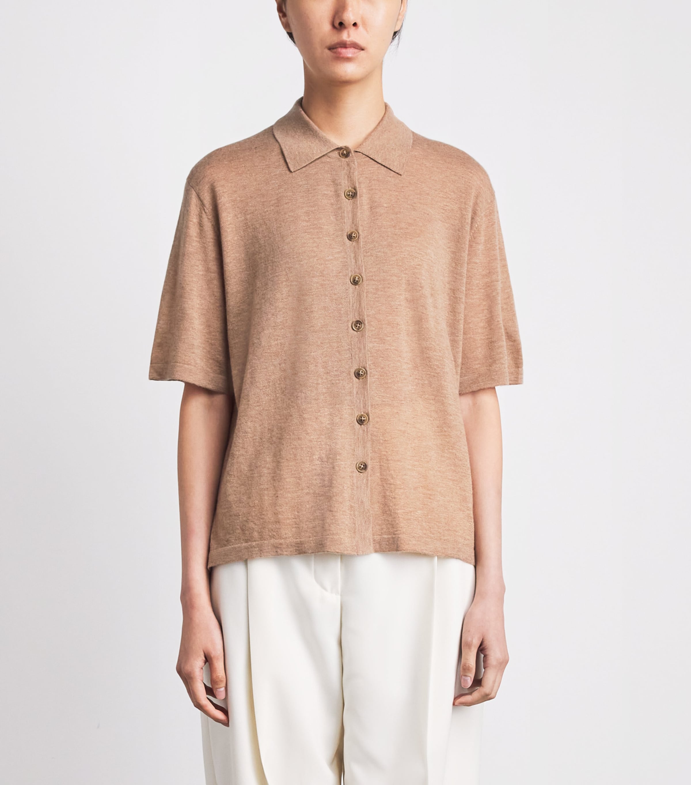 ME+EM Womens Cashmere Knit Short-Sleeve Shirt Camel Melange Image 4