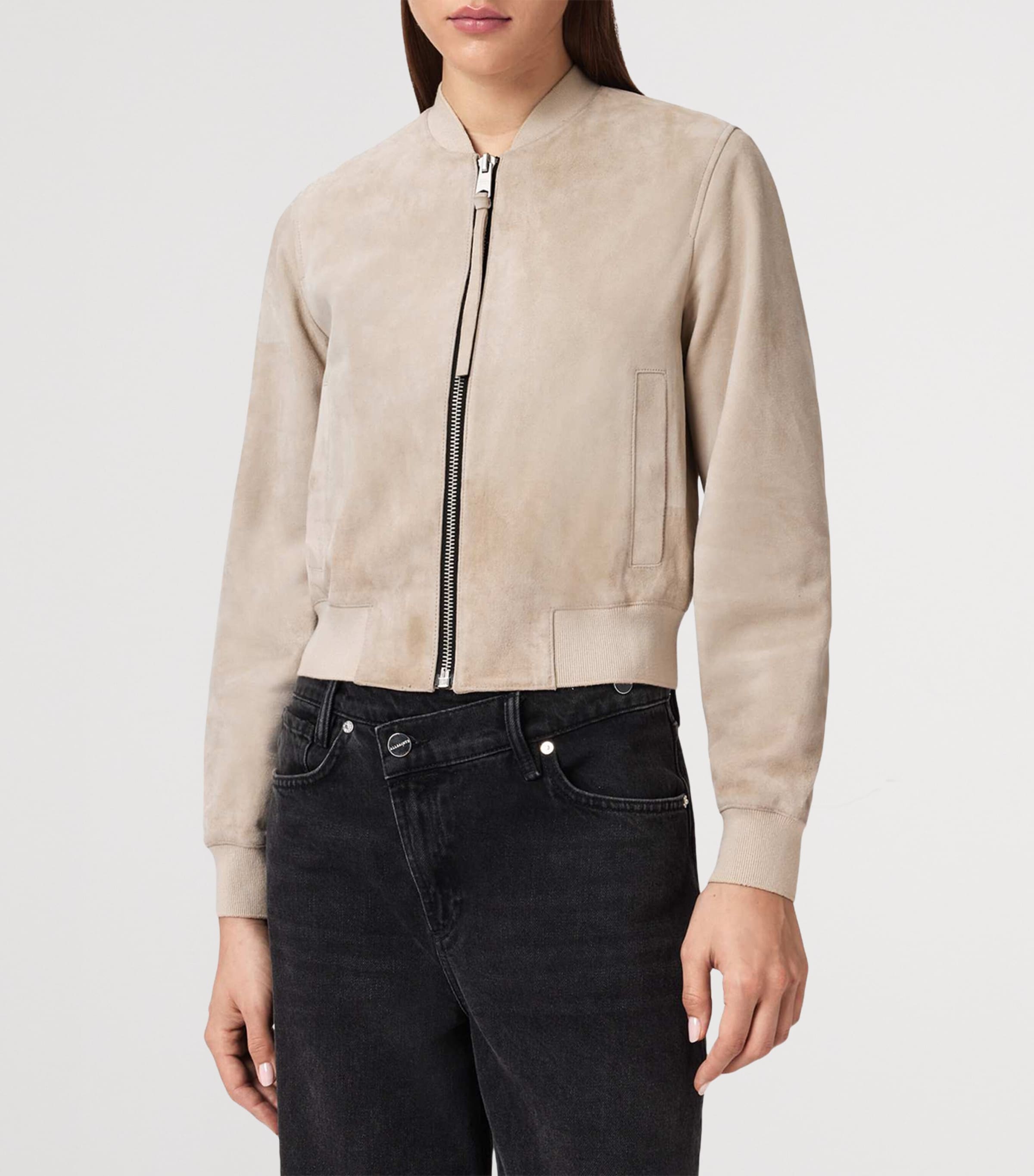 AllSaints Womens Suede Orten Bomber Jacket Silver Birch Grey Image 3