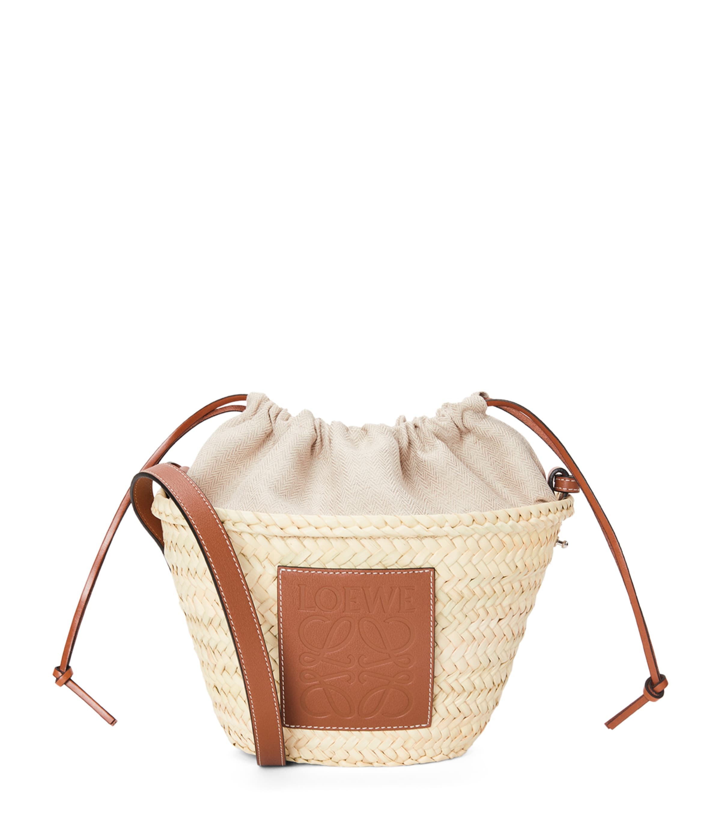 Loewe X Paula's Ibiza Pochette Bag In Raffia With Drawstring Pouch And Leather Strap In Beige