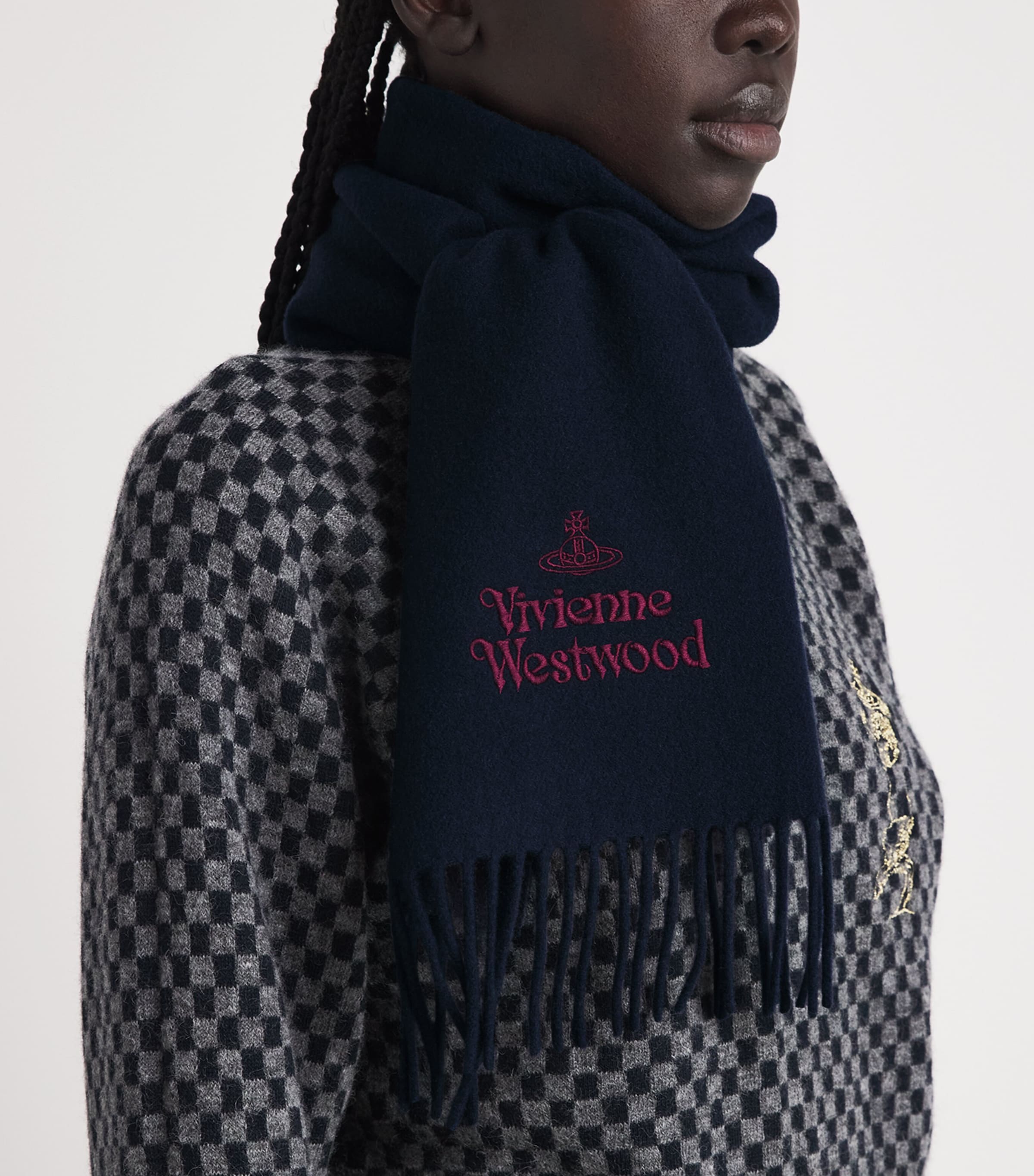Vivienne Westwood Wool Embroidered Logo Scarf Dark Blue Image 2
