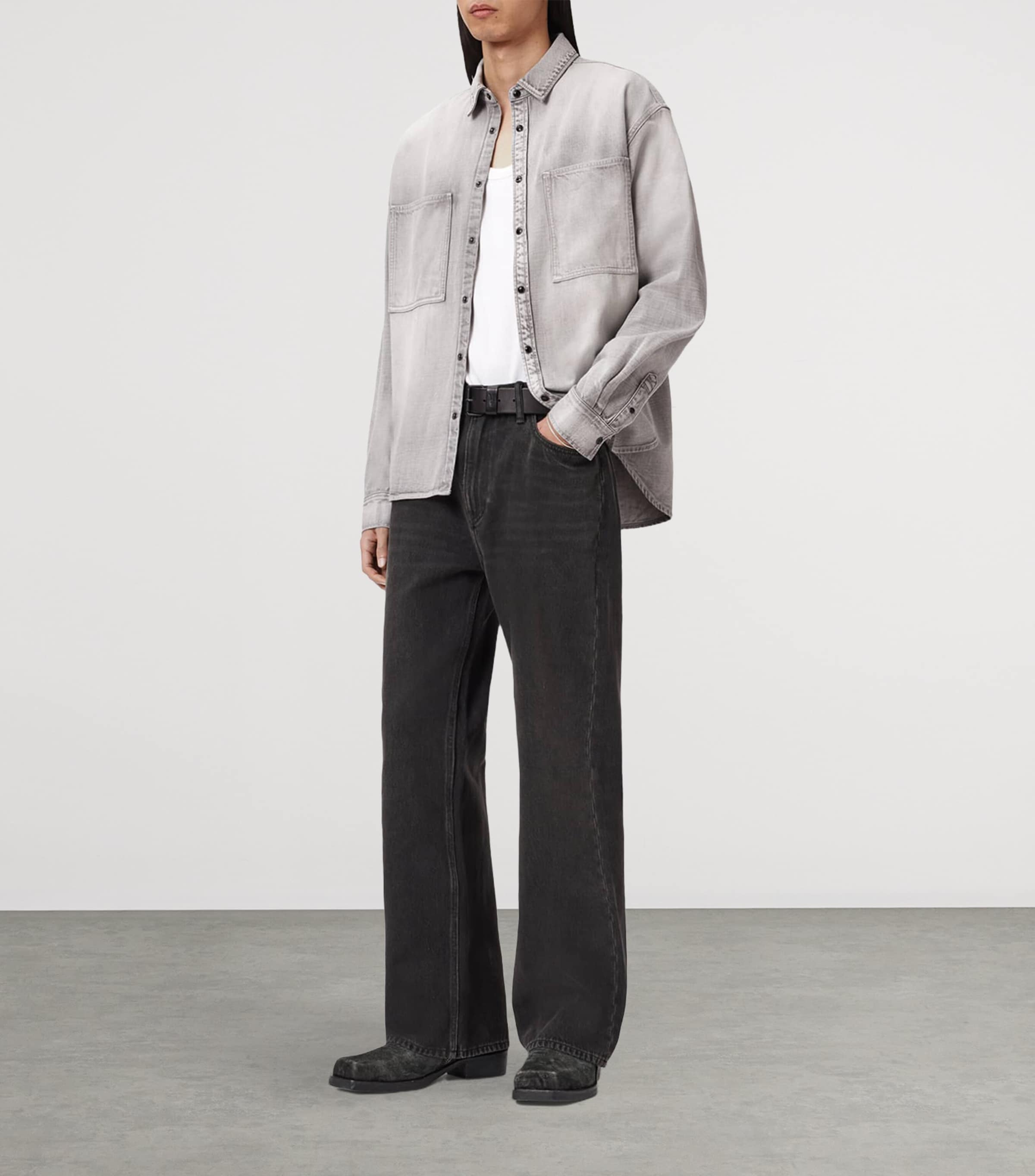 AllSaints Mens Al Oversized Denim Shirt Light Grey Image 2