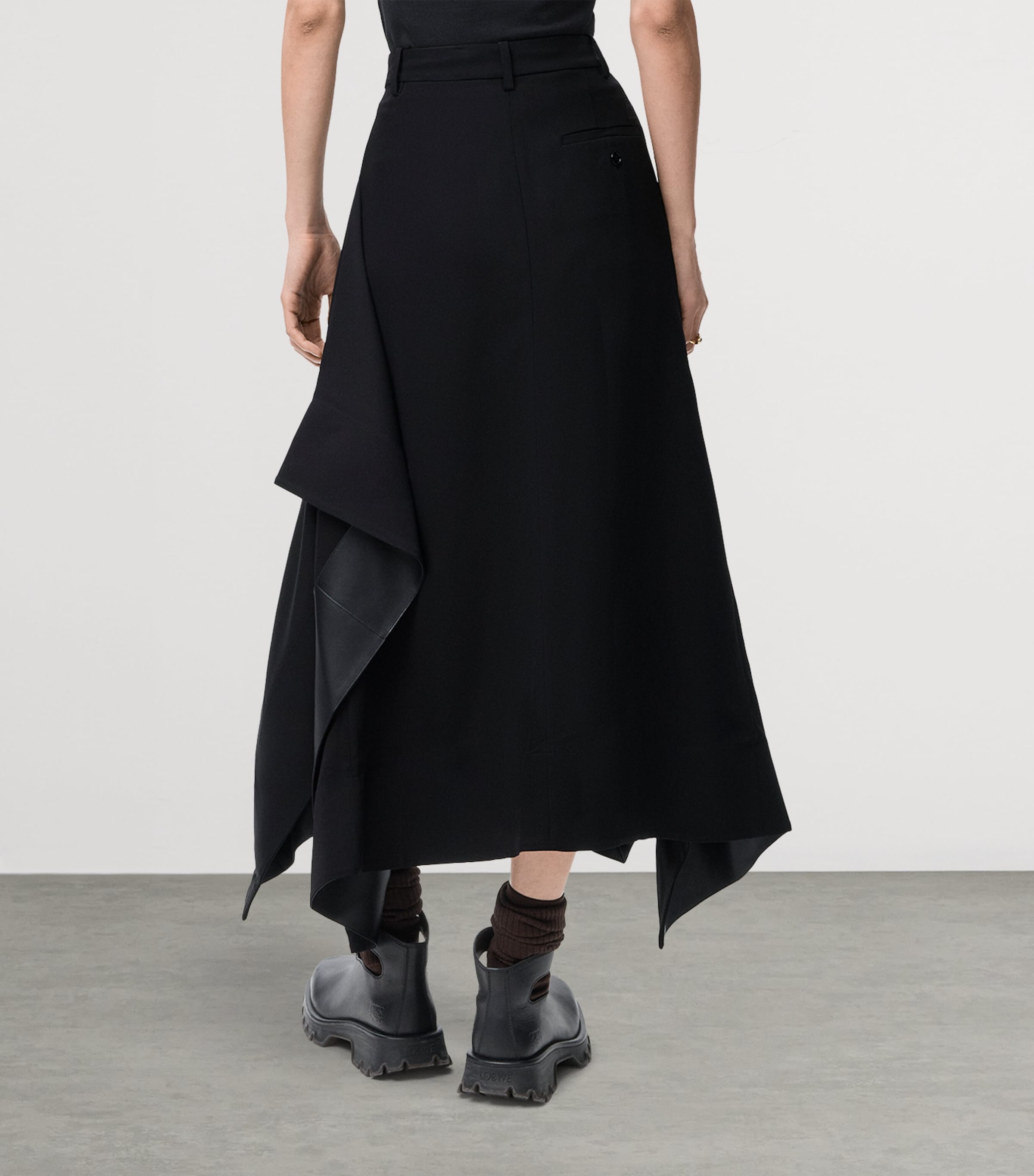 Leather-Trim Side-Pleat Midi Skirt BLACK Image 4