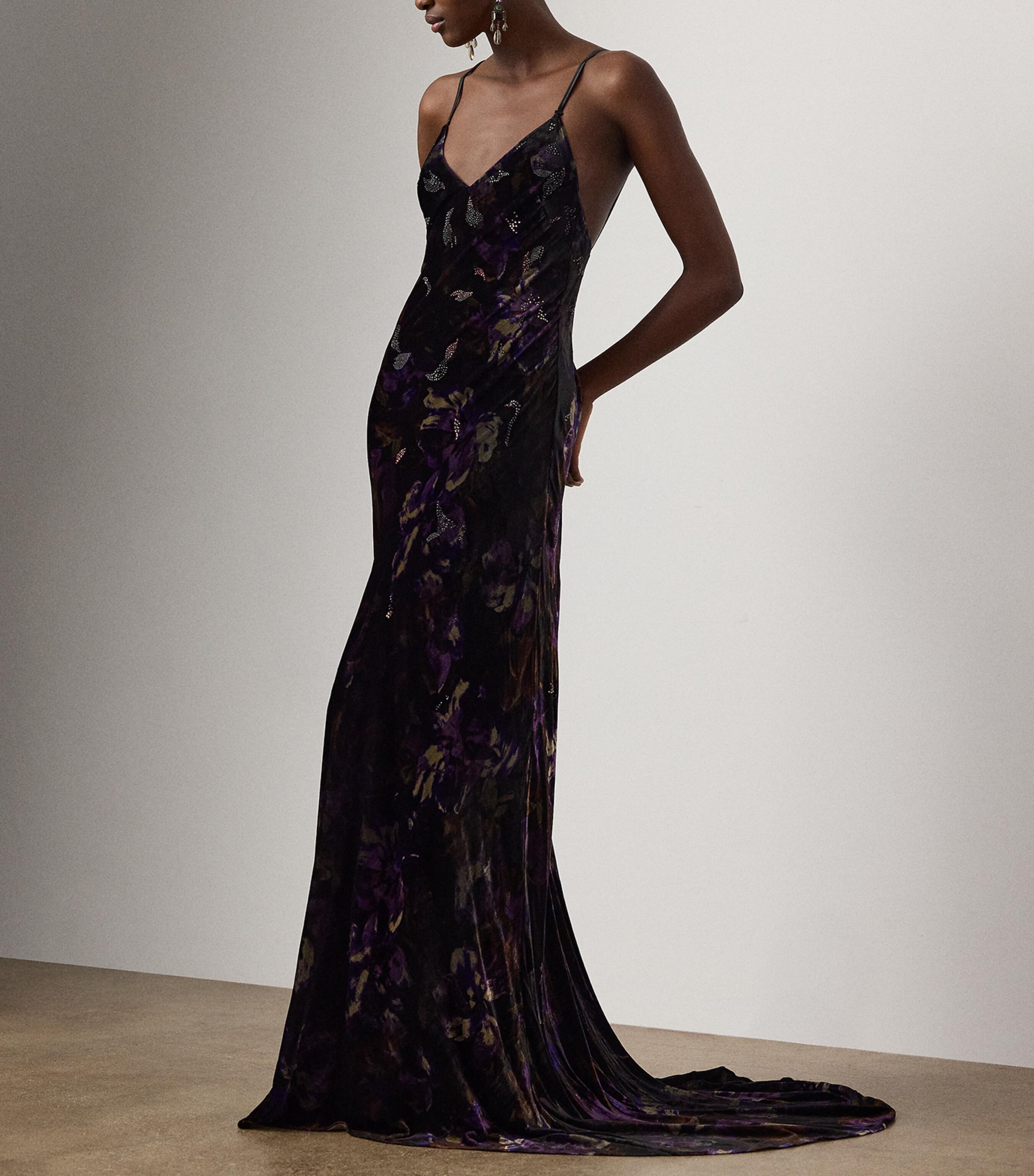 Velvet Embellished Floral Evening Dress BLACK/AUBERGINE Image 6