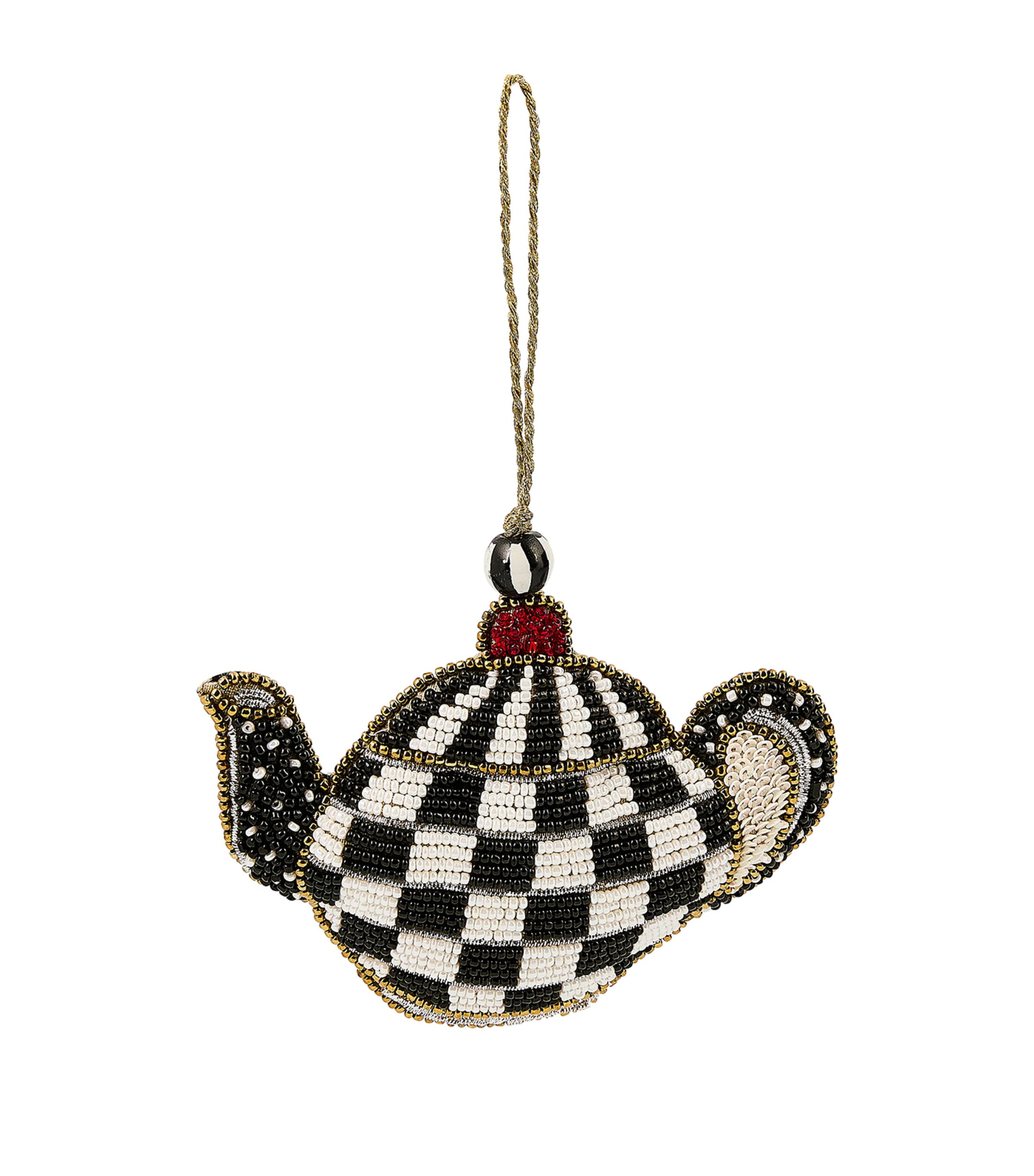 Mackenzie-childs Beaded Courtly Check Teapot Tree Decoration In Black