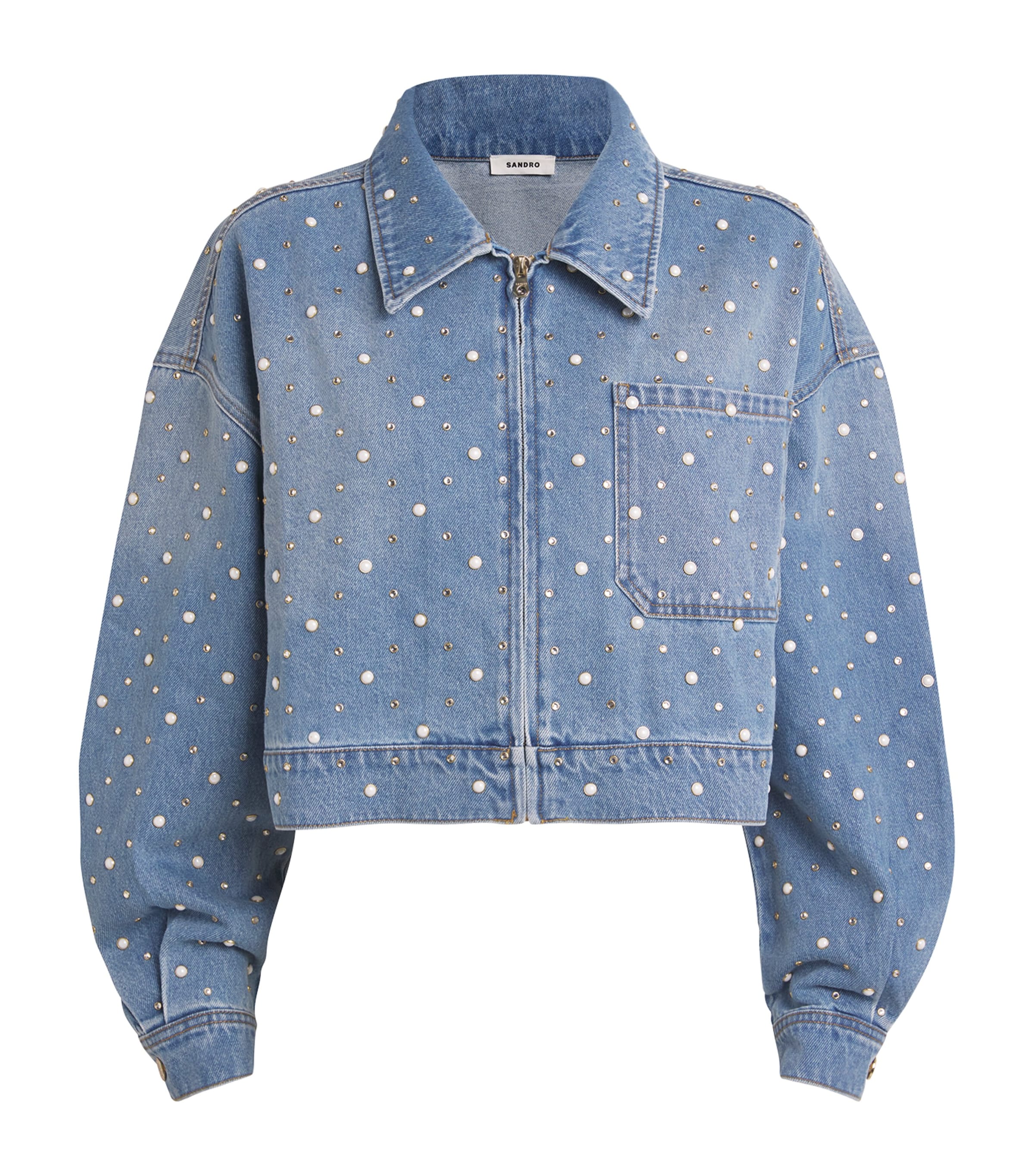 Shop Sandro Embellished Denim Jacket In Blue