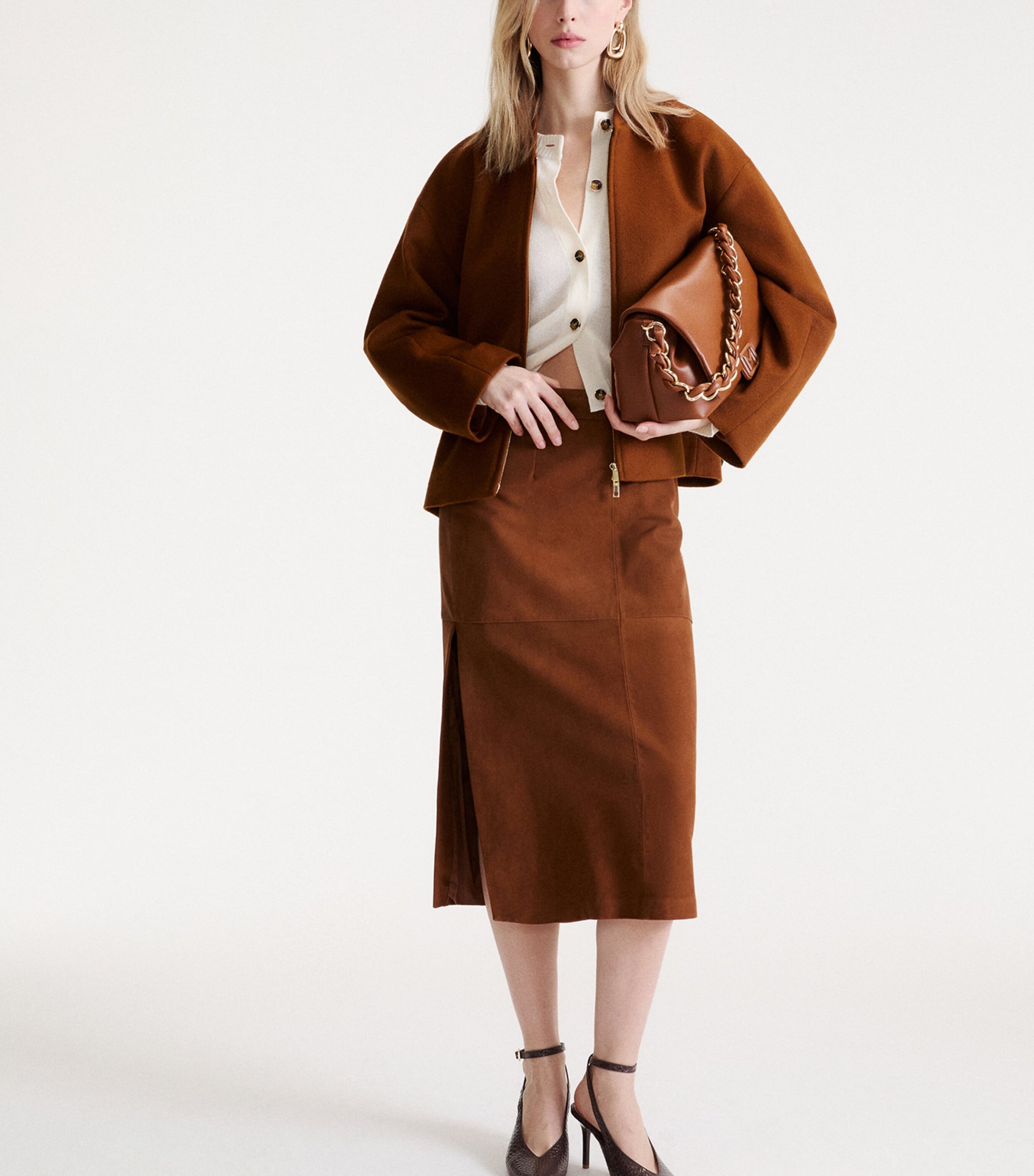 Marella Womens Virgin Wool-Cashmere Bomber Jacket Cognac Image 2