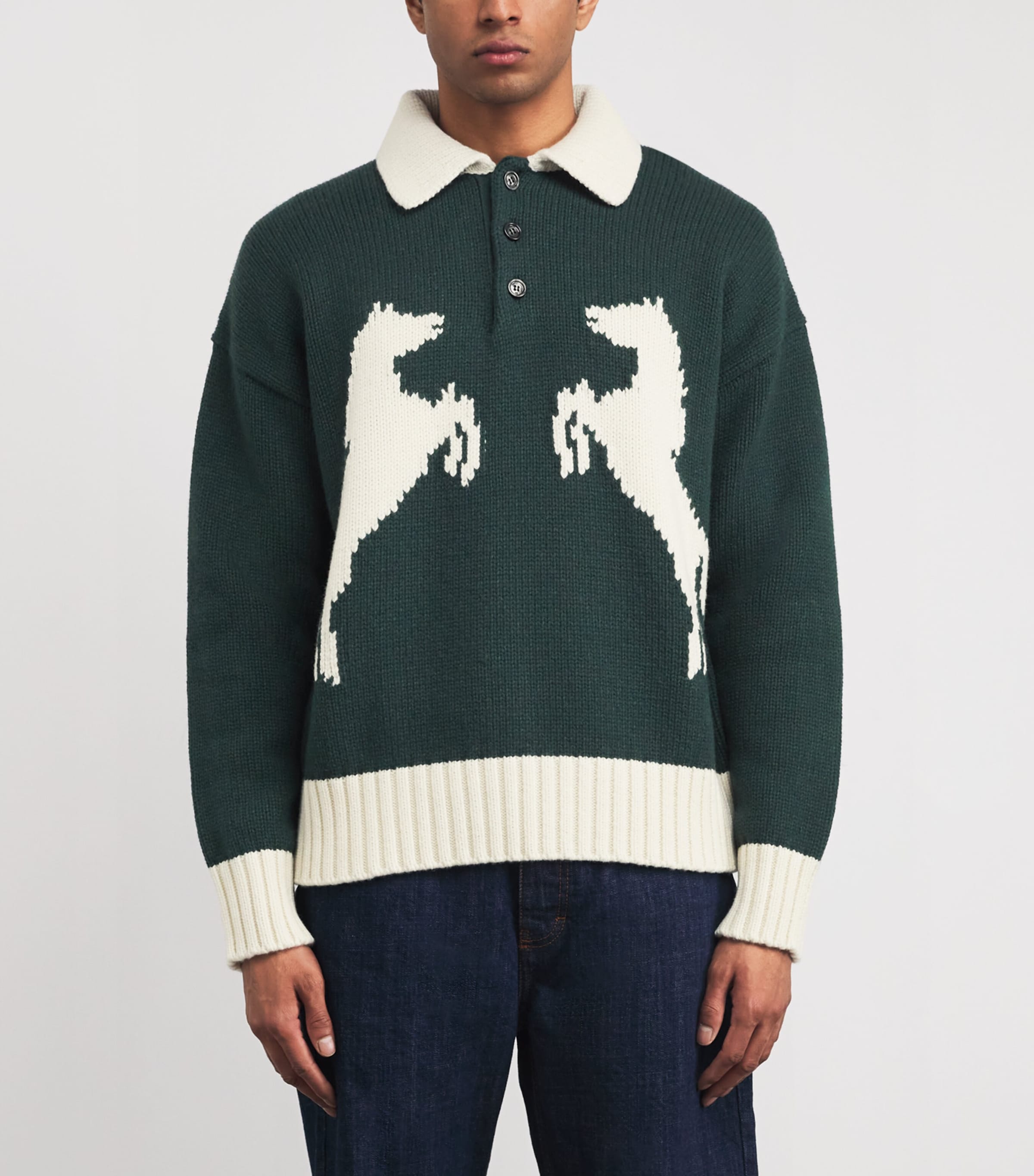 Wool-Blend Intarsia Polo Sweater A014 EVERGREEN Image 3