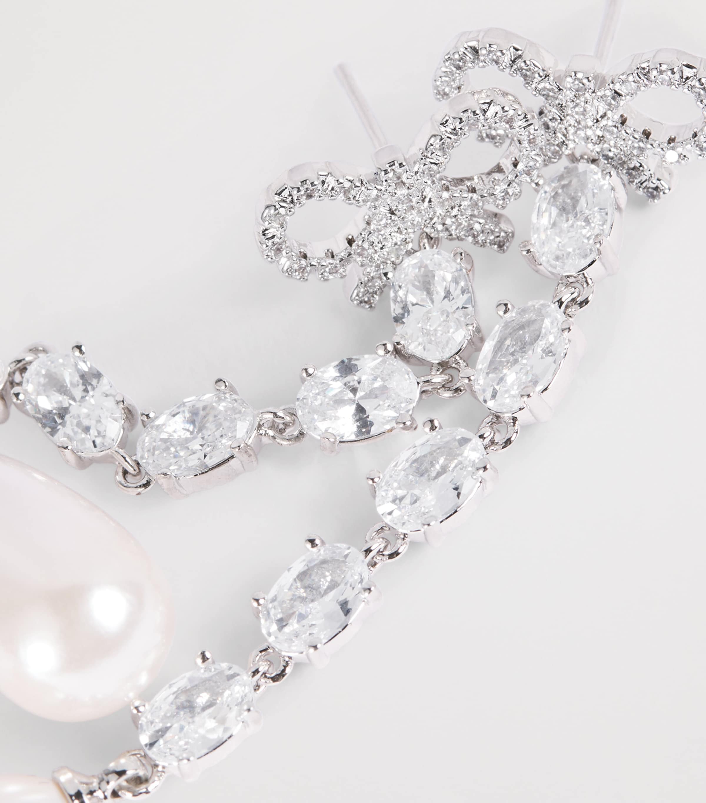 Crystal and Faux Pearl Bow Drop Earrings SILVER Image 5