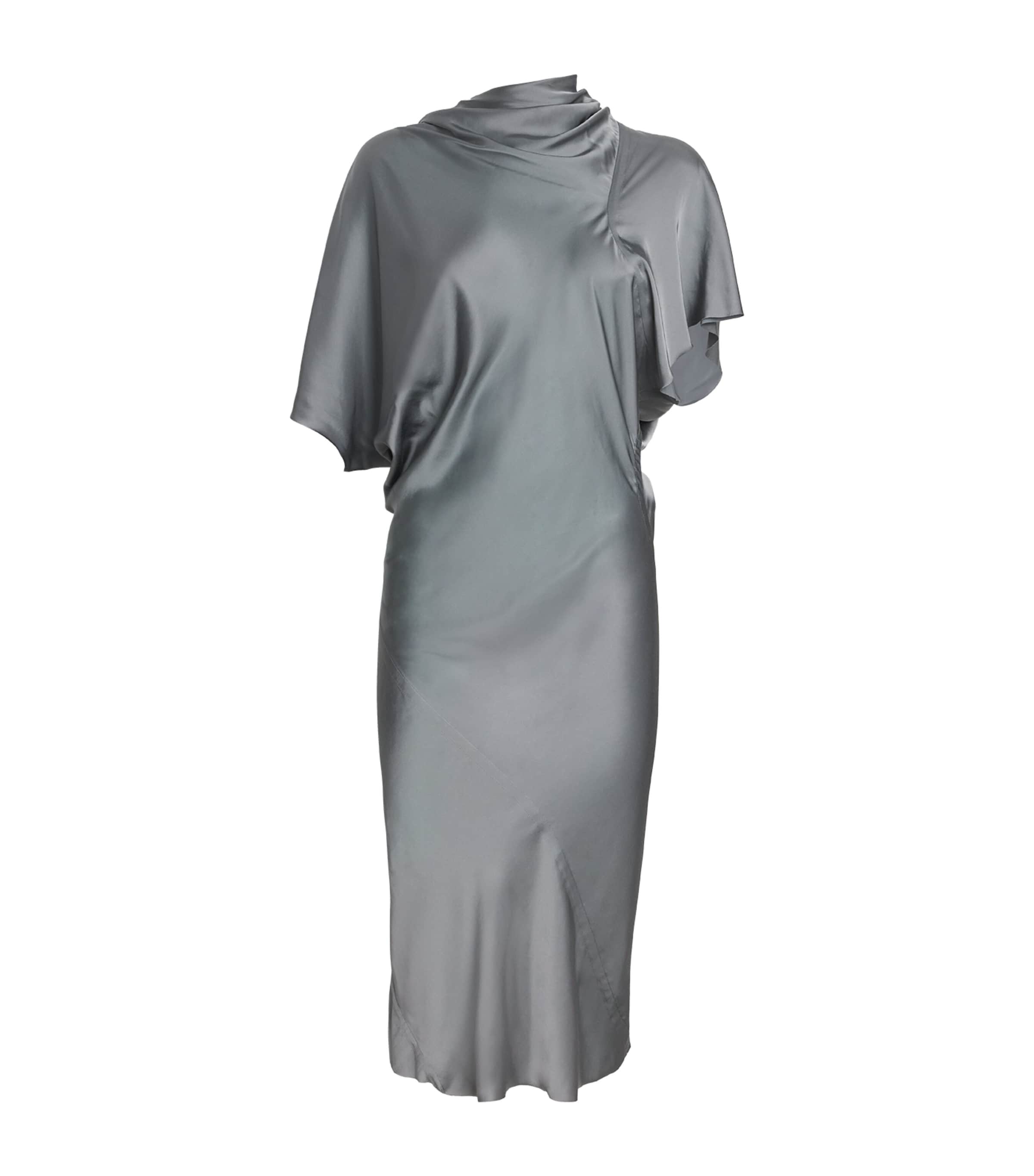 Rick Owens Satin Asymmetric Seb Midi Dress In Gray