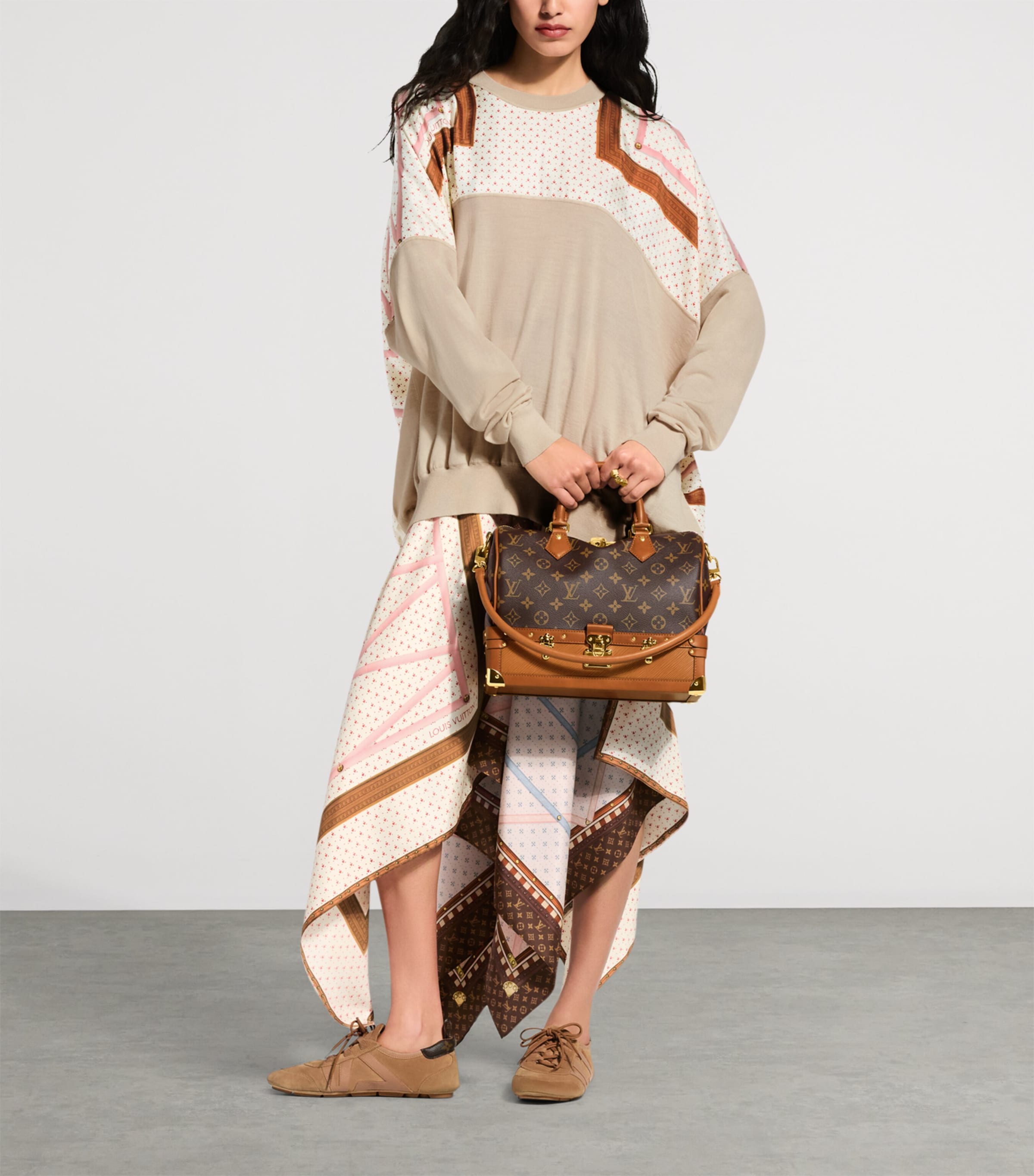 LOUIS VUITTON Womens Silk Trunk Handkerchief Maxi Skirt Beige Image 2