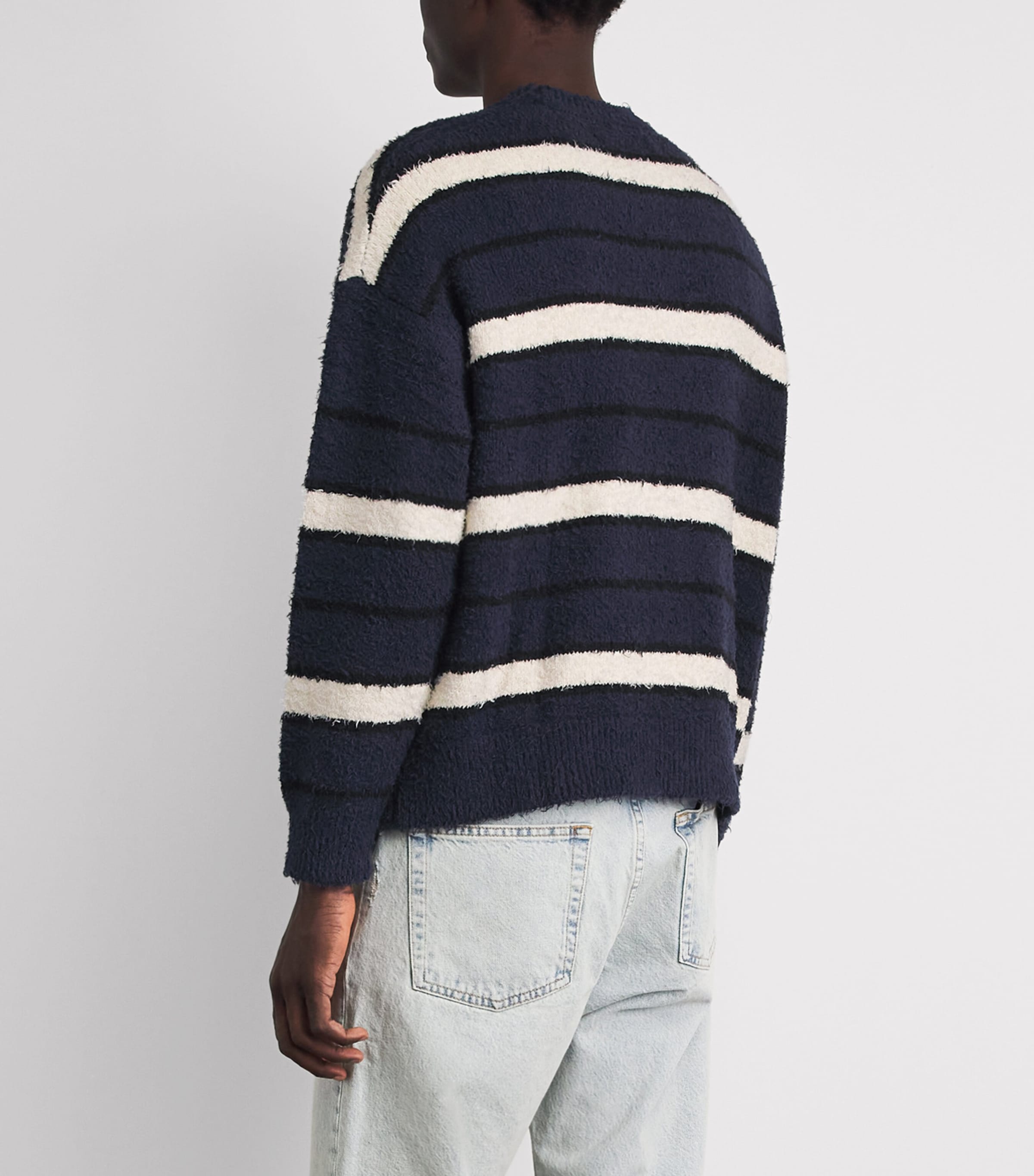 PICANTE Mens Cotton-Blend Shaggy Stripe Sweater Navy Stripe Image 5