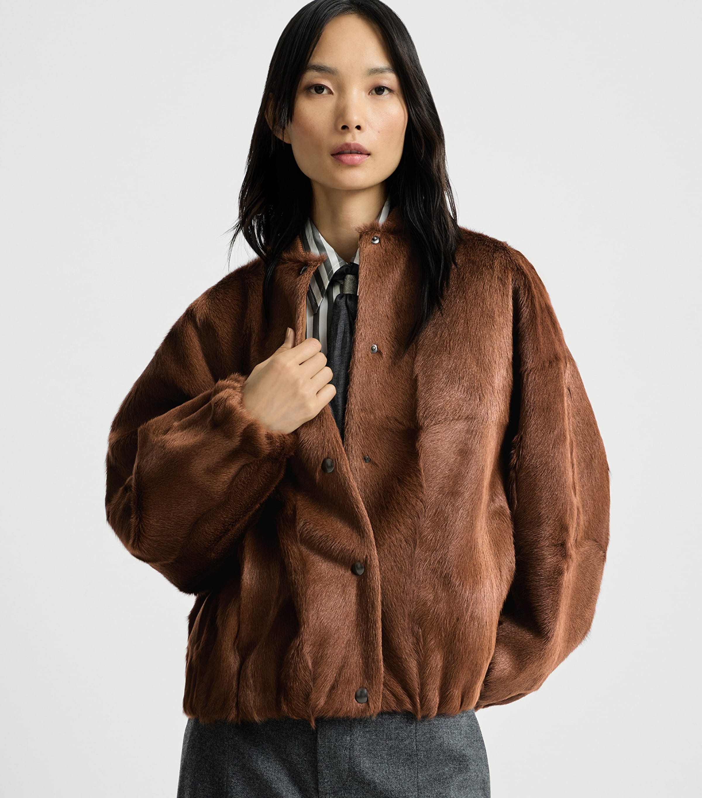 Brunello Cucinelli Womens Cashmere Shearling Bomber Jacket Brandy Sfumato Image 4
