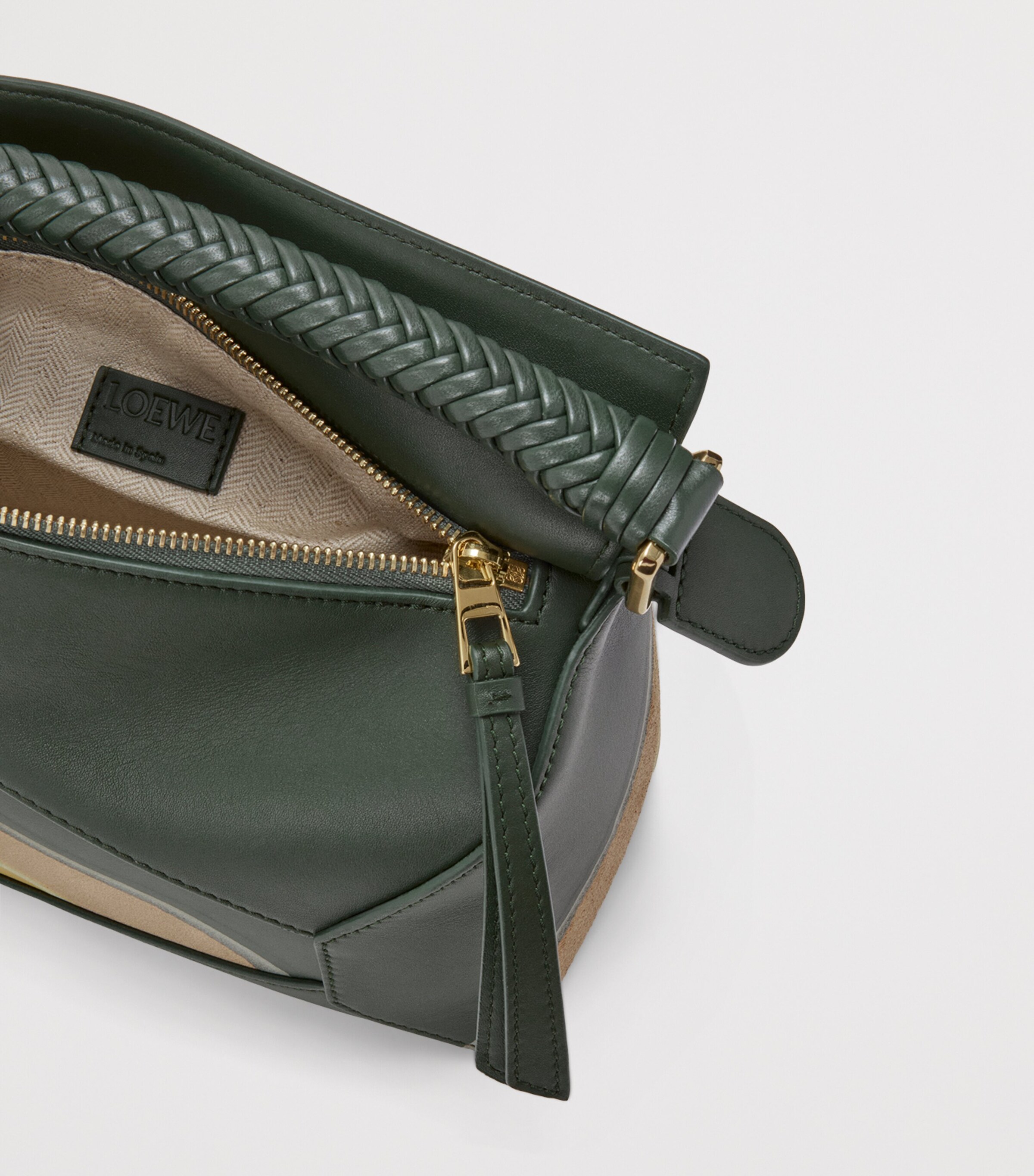 Small Leather Puzzle Edge Landscape Top-Handle Bag BOTTLE GREEN OCHRE Image 6