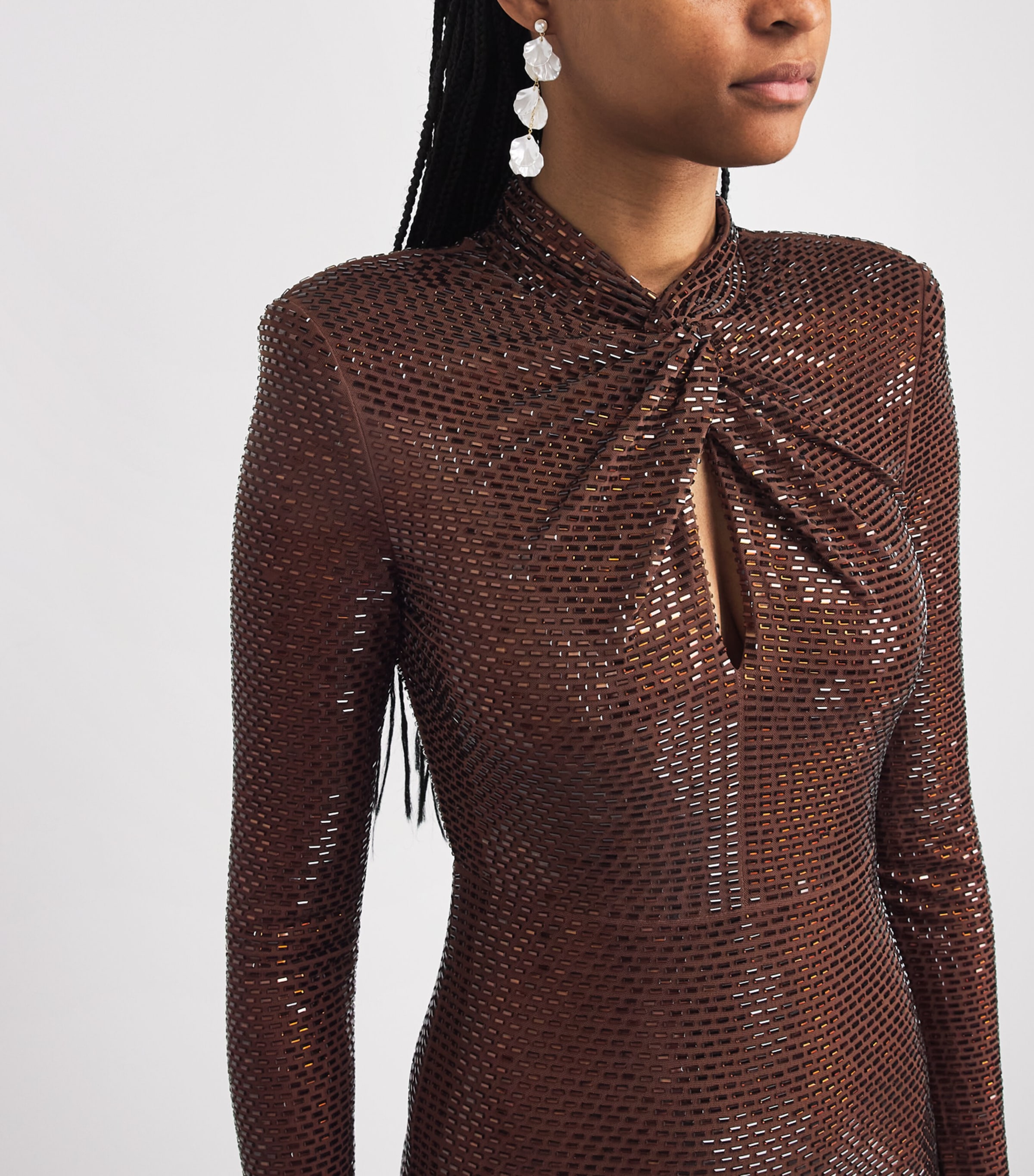Self-Portrait Womens Rhinestone High-Neck Maxi Dress Brown Image 5