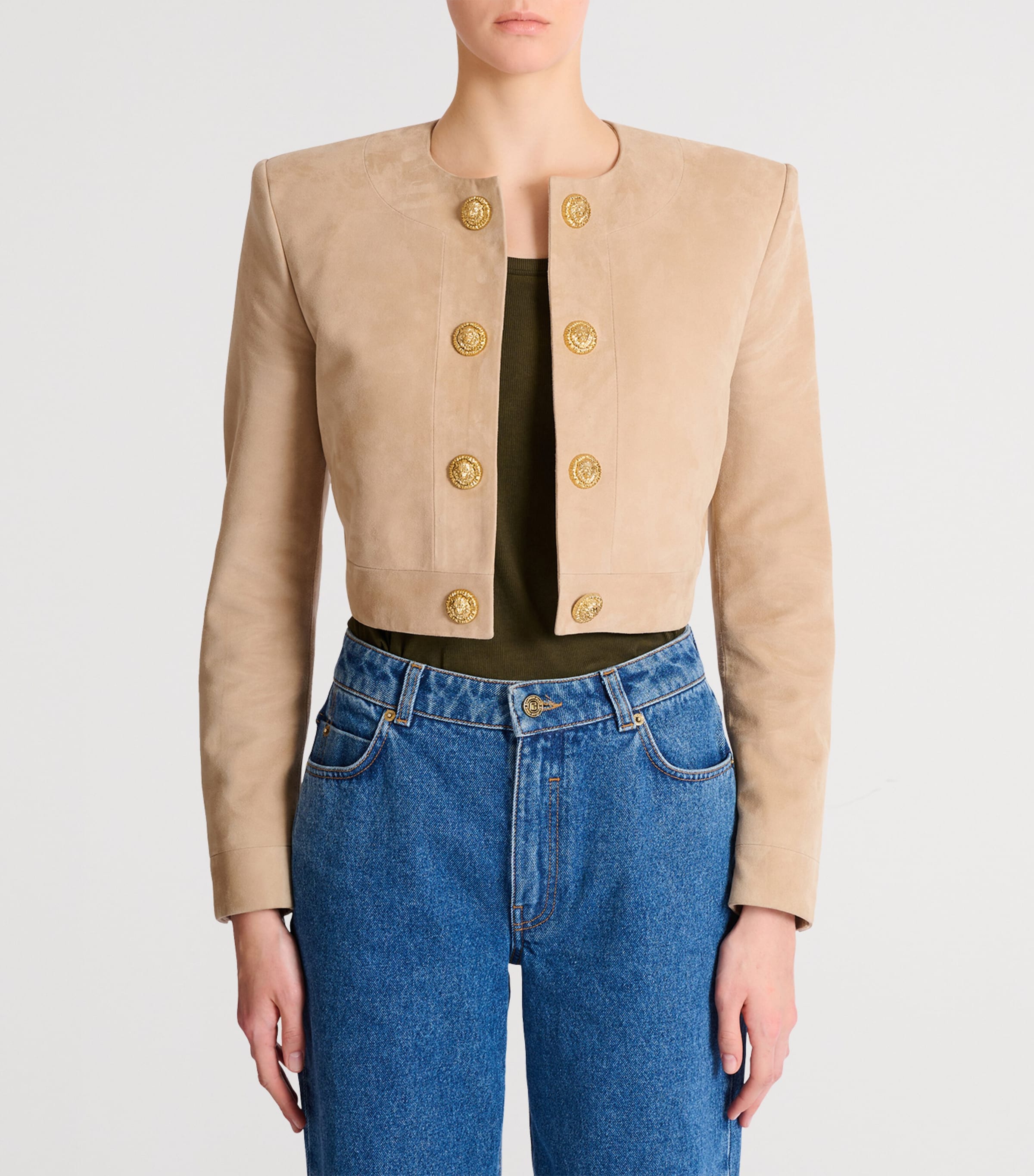 Balmain Womens Suede Cropped Jacket Sable Image 2