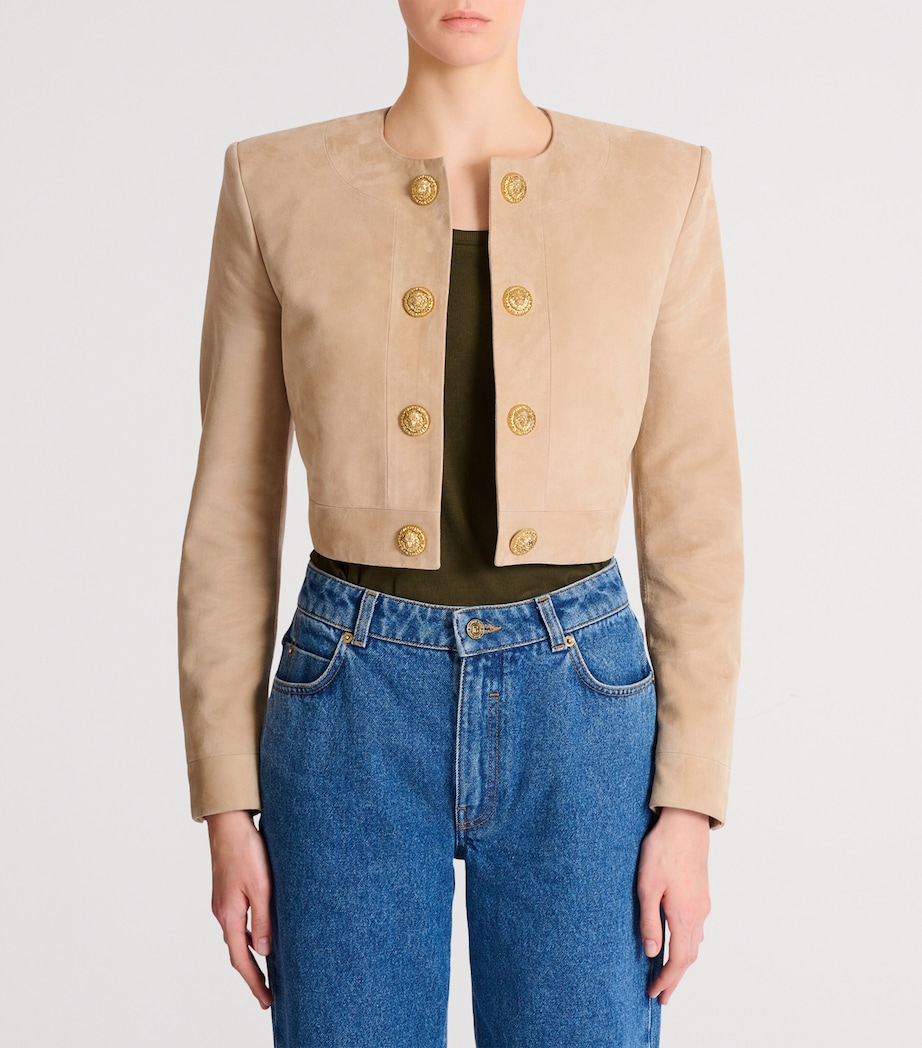 Balmain Womens Suede Cropped Jacket Sable Image 2
