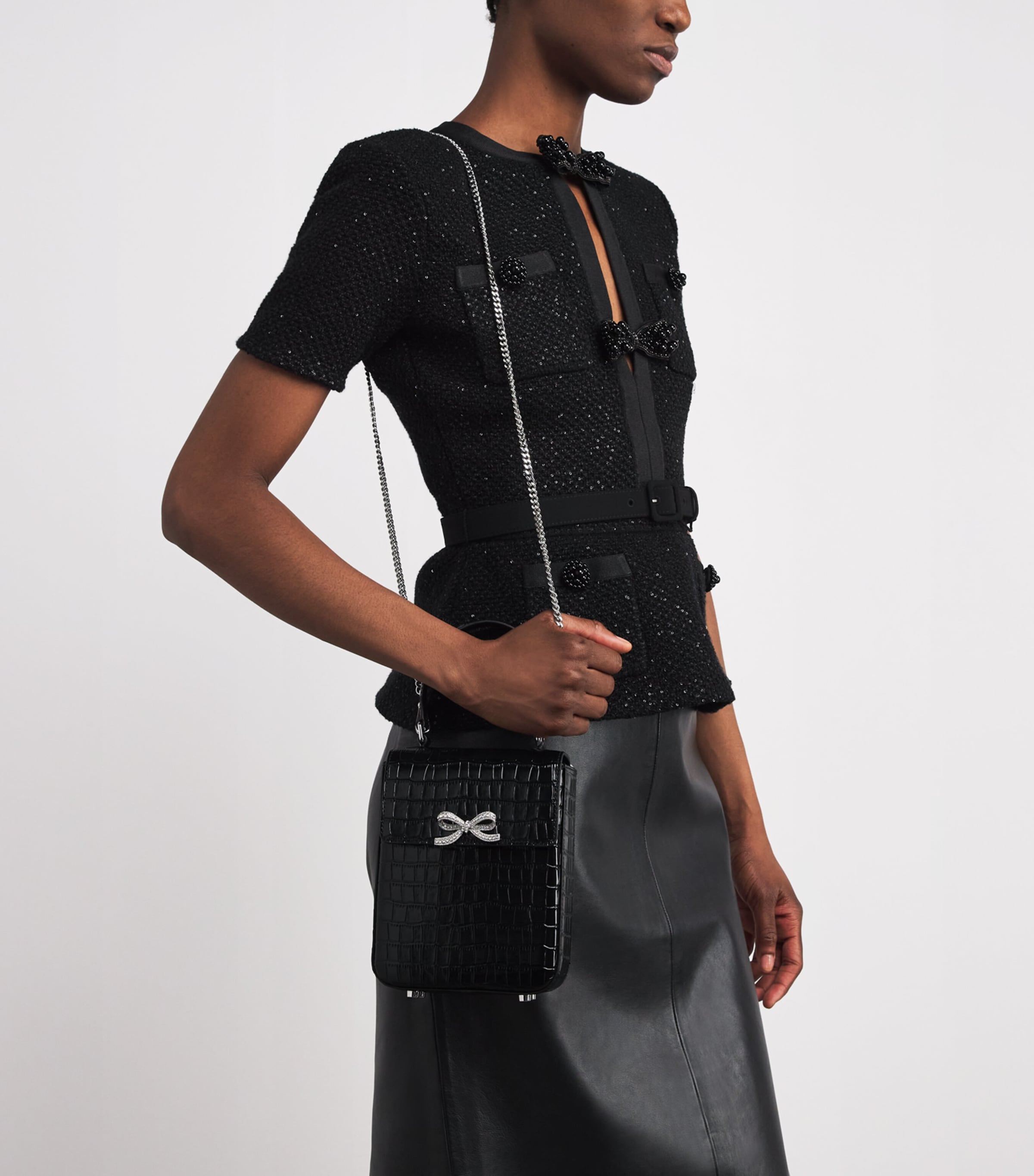 Mini Croc-Embossed Leather Top-Handle Bag BLACK Image 2