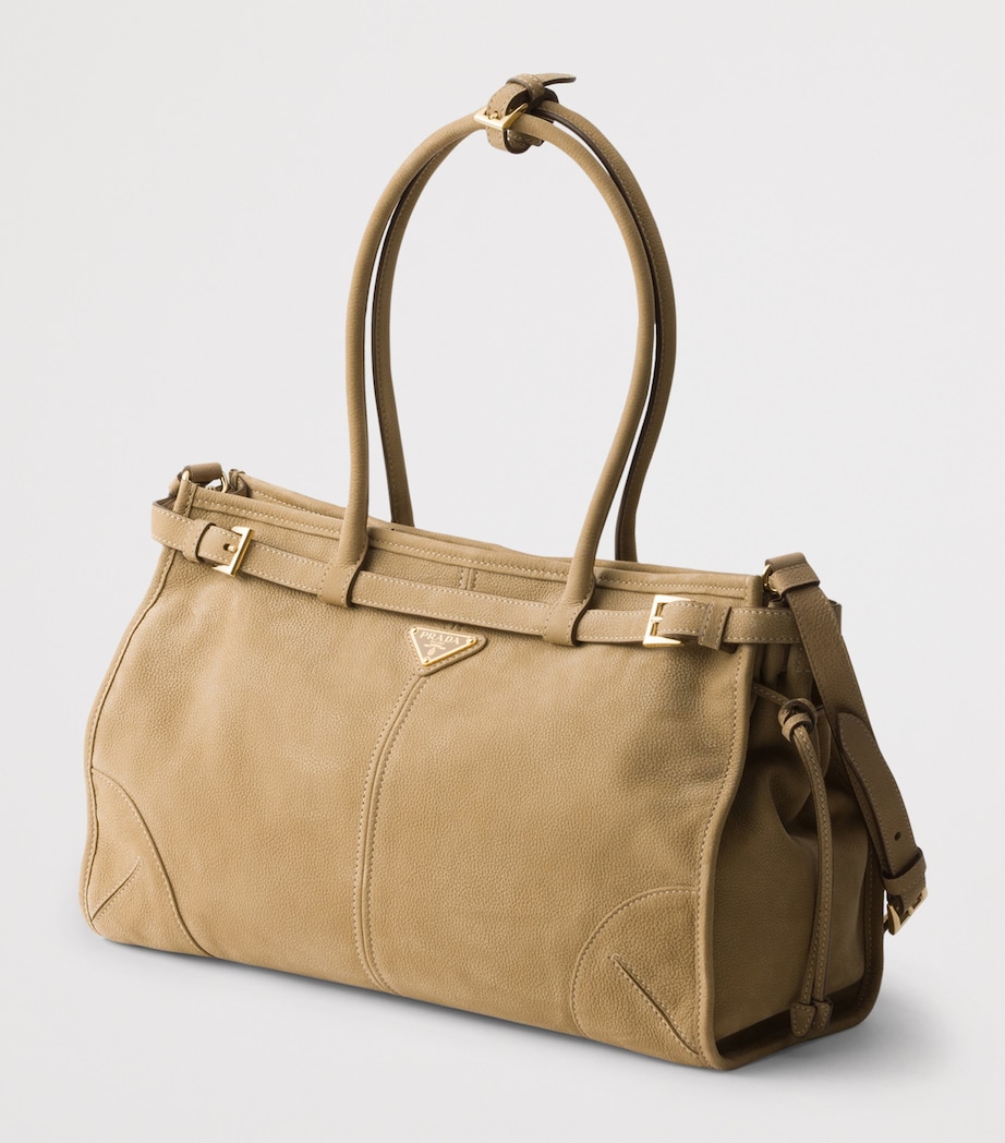 Prada Large Nubuck Leather Bonnie Top-Handle Bag Neutral Image 4