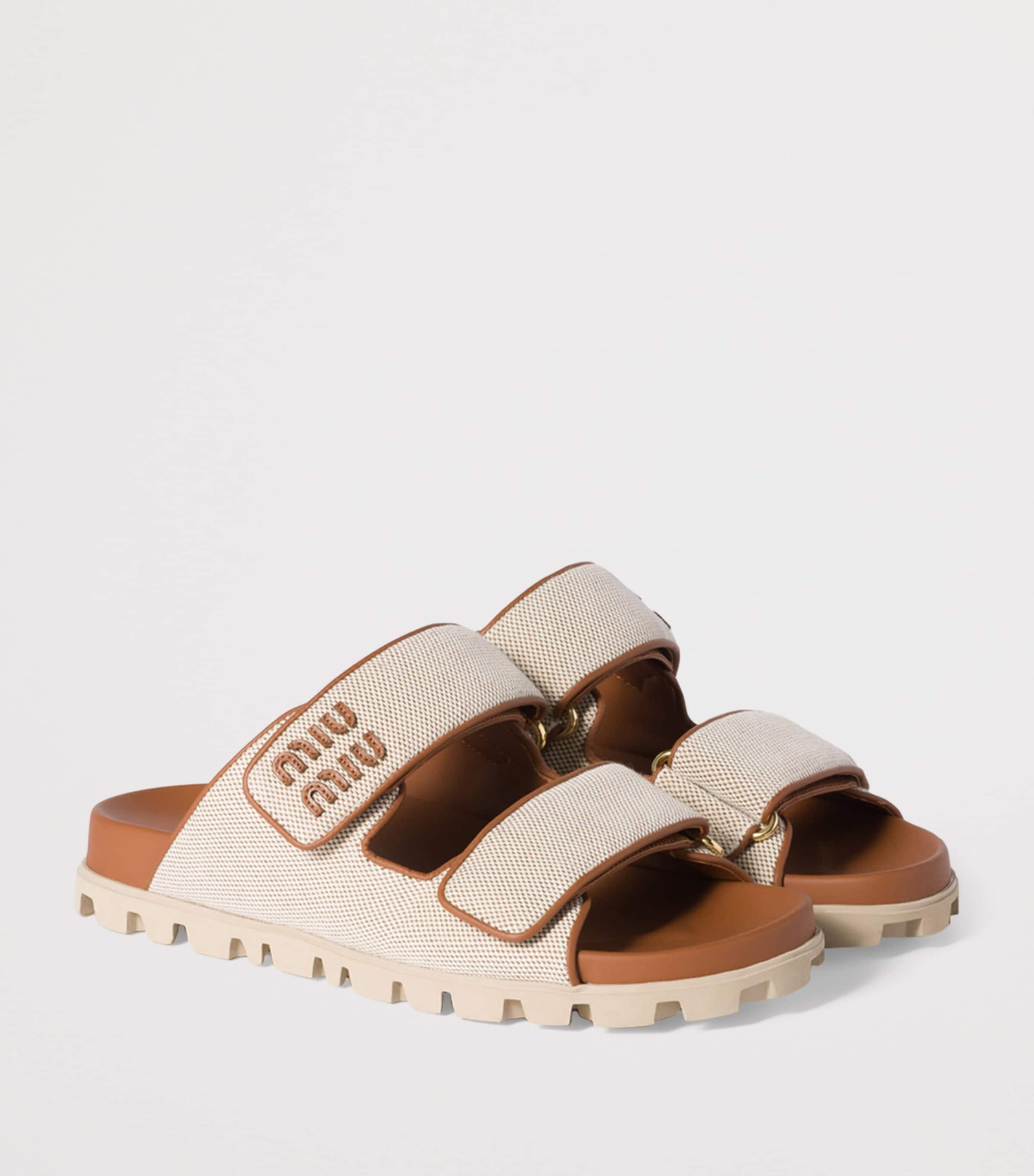 サンダル・ミュール MIU MIU SANDALS CACAO Miu Miu Canvas and Leather Sandals | Harrods UK
