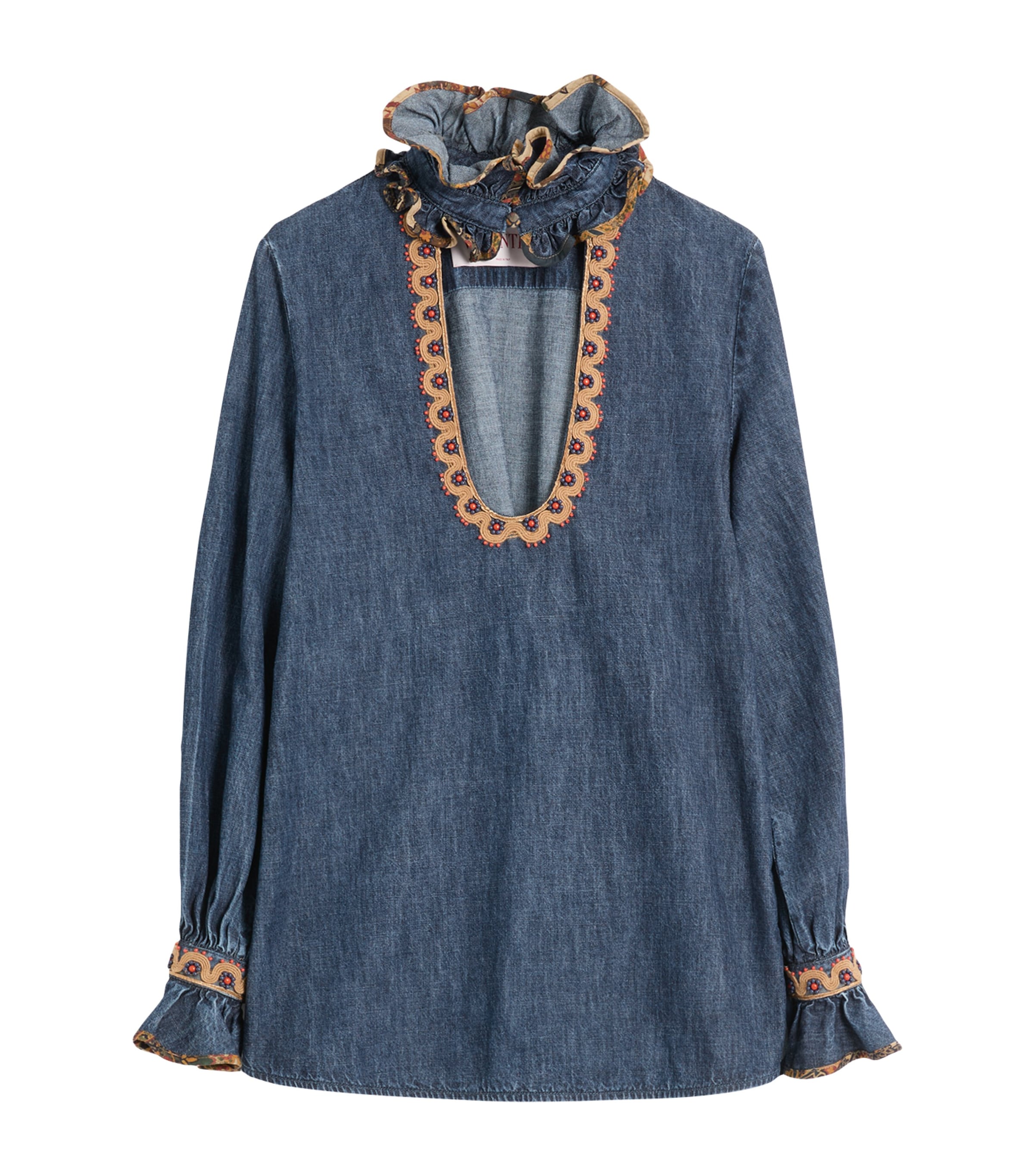 Valentino Womens Embroidered Frilled Cotton-denim Shirt Medium Blue Denim In Blue