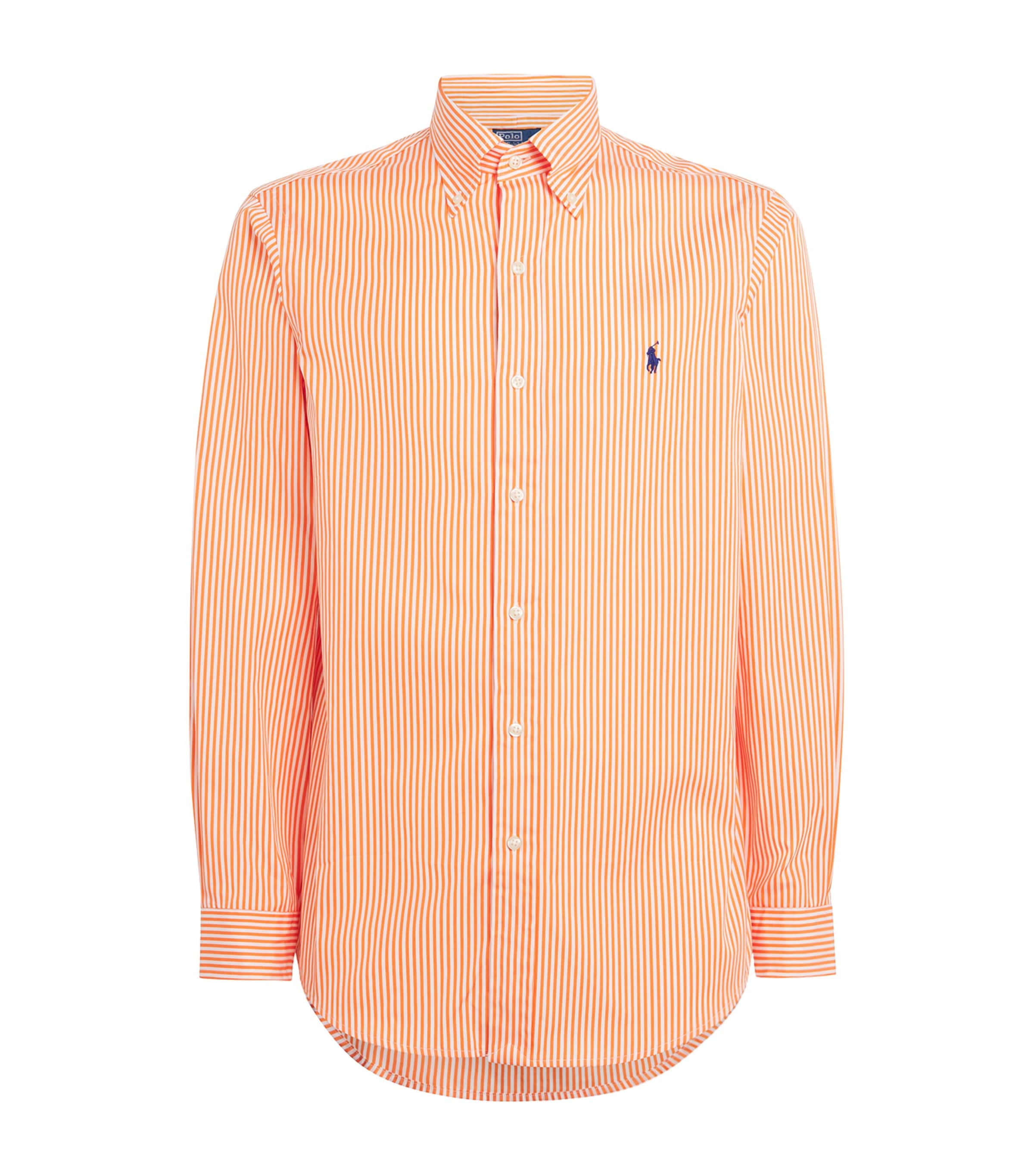 Polo Ralph Lauren Mens Cotton Poplin Custom Fit Stripe Shirt Wht Kona Ornge Image 1