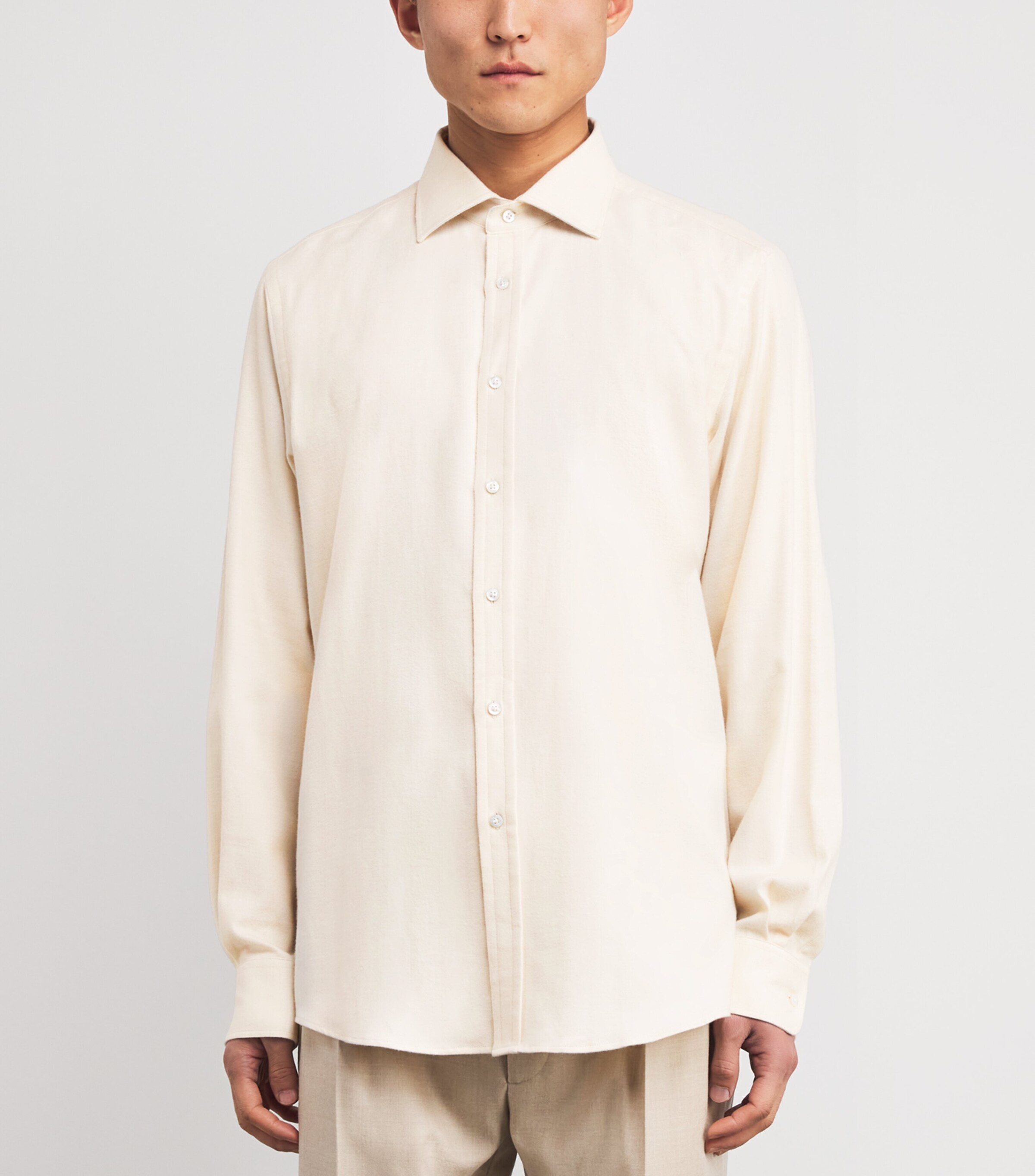 Ralph Lauren Purple Label Mens Cotton Herringbone Shirt Cream Melange Grey Image 3