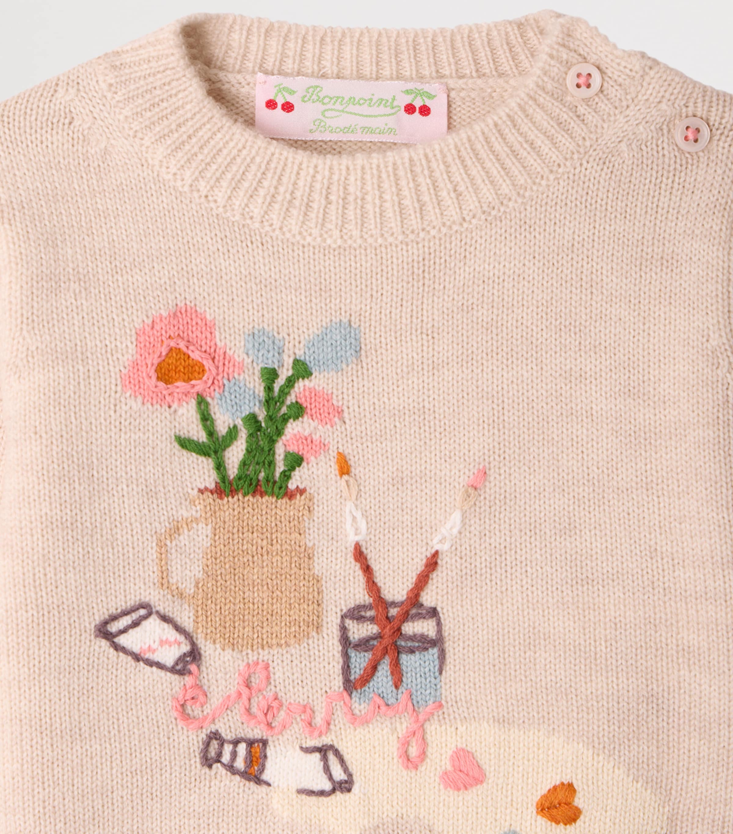 Bonpoint Wool-Cotton Embroidered Sweater (6-12 Months) Beige Image 3