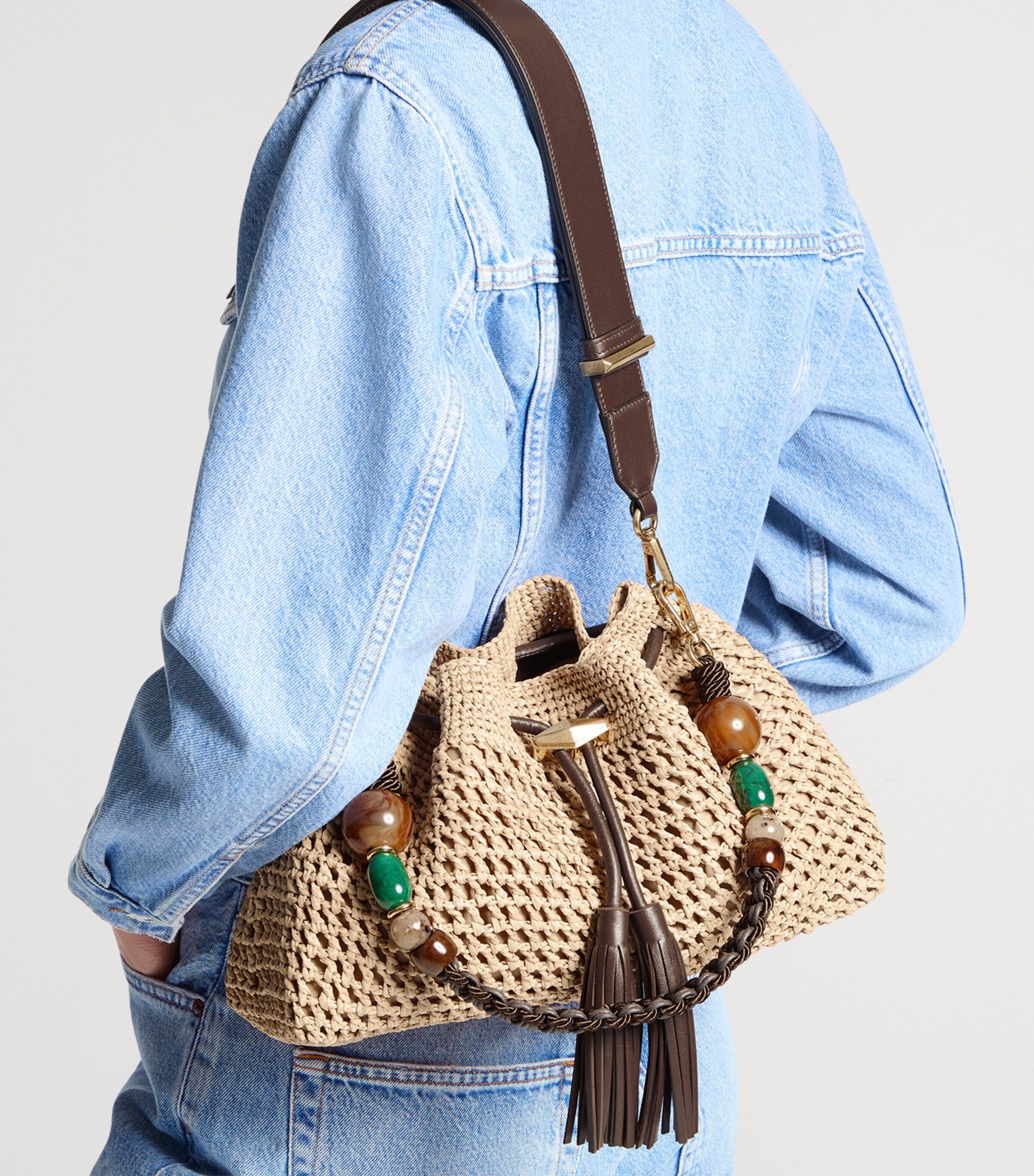 Jimmy Choo Medium Raffia Crochet Cinch Bucket Bag Natural/chocolate/go Image 2