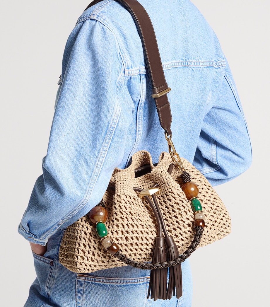 Jimmy Choo Medium Raffia Crochet Cinch Bucket Bag Natural/chocolate/go Image 2