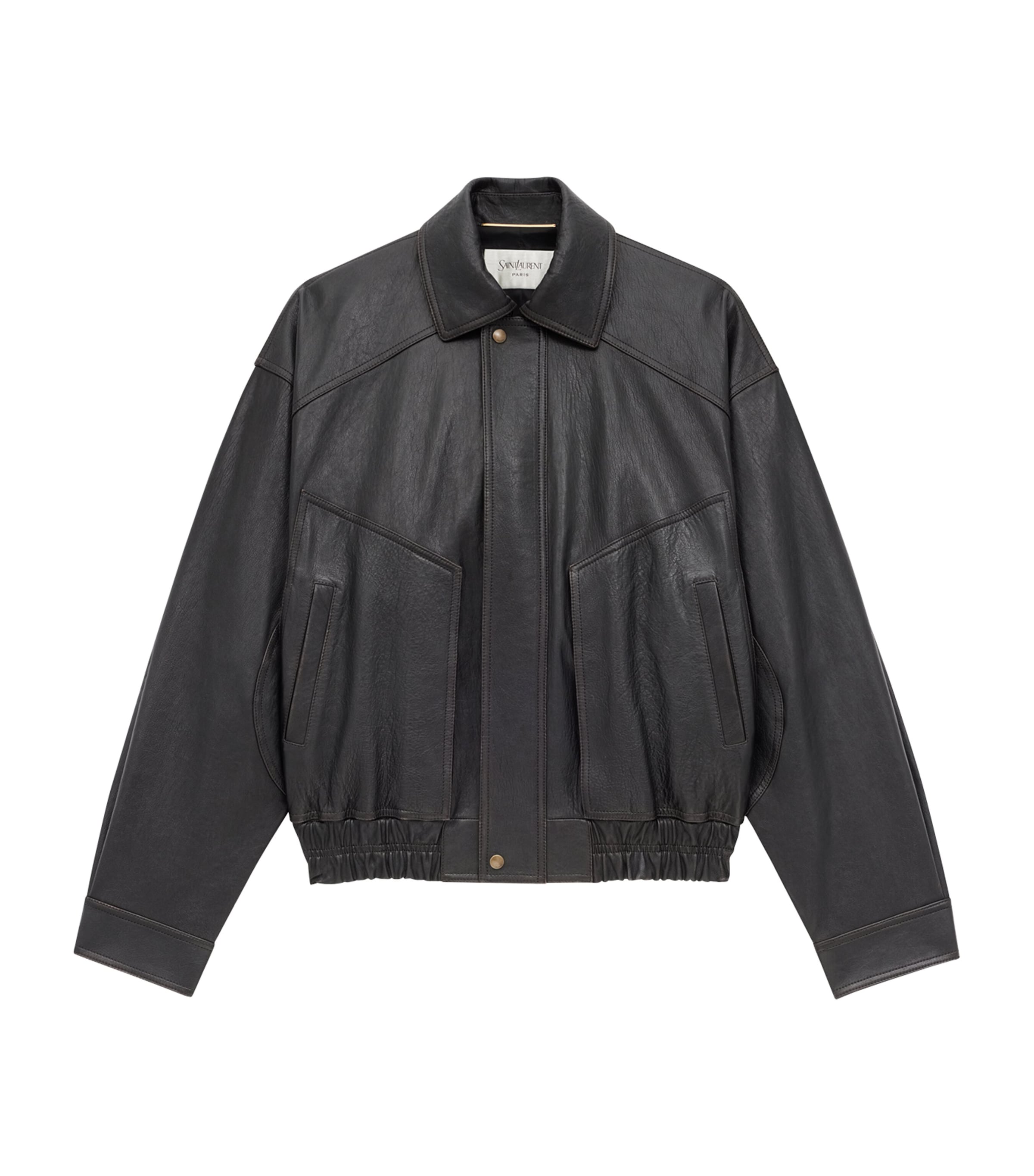 Saint Laurent Leather Bomber Jacket In Grey