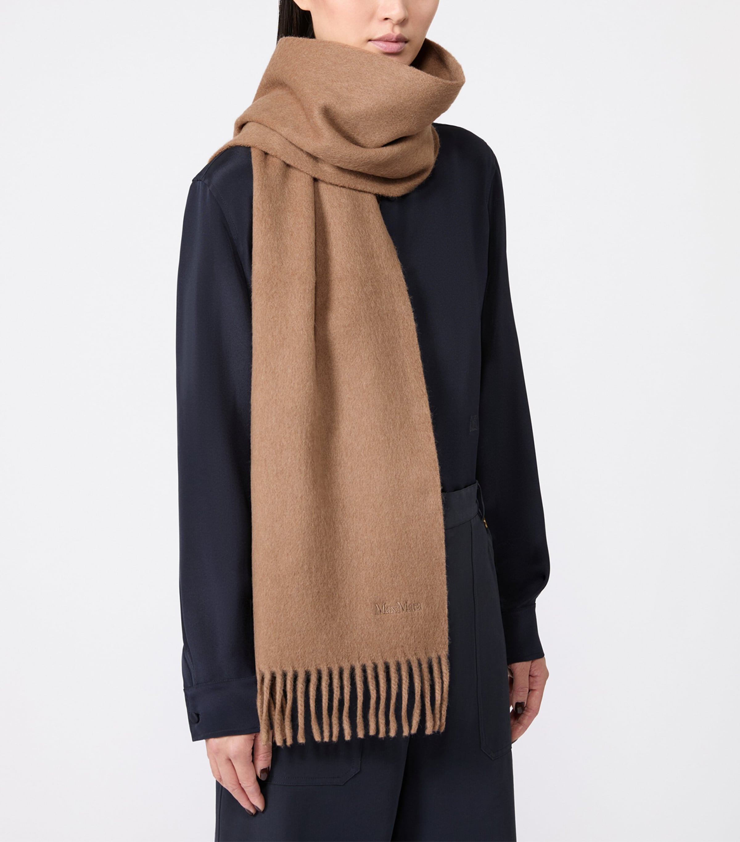 Max Mara Wool Fringed Logo Scarf Camel Image 2