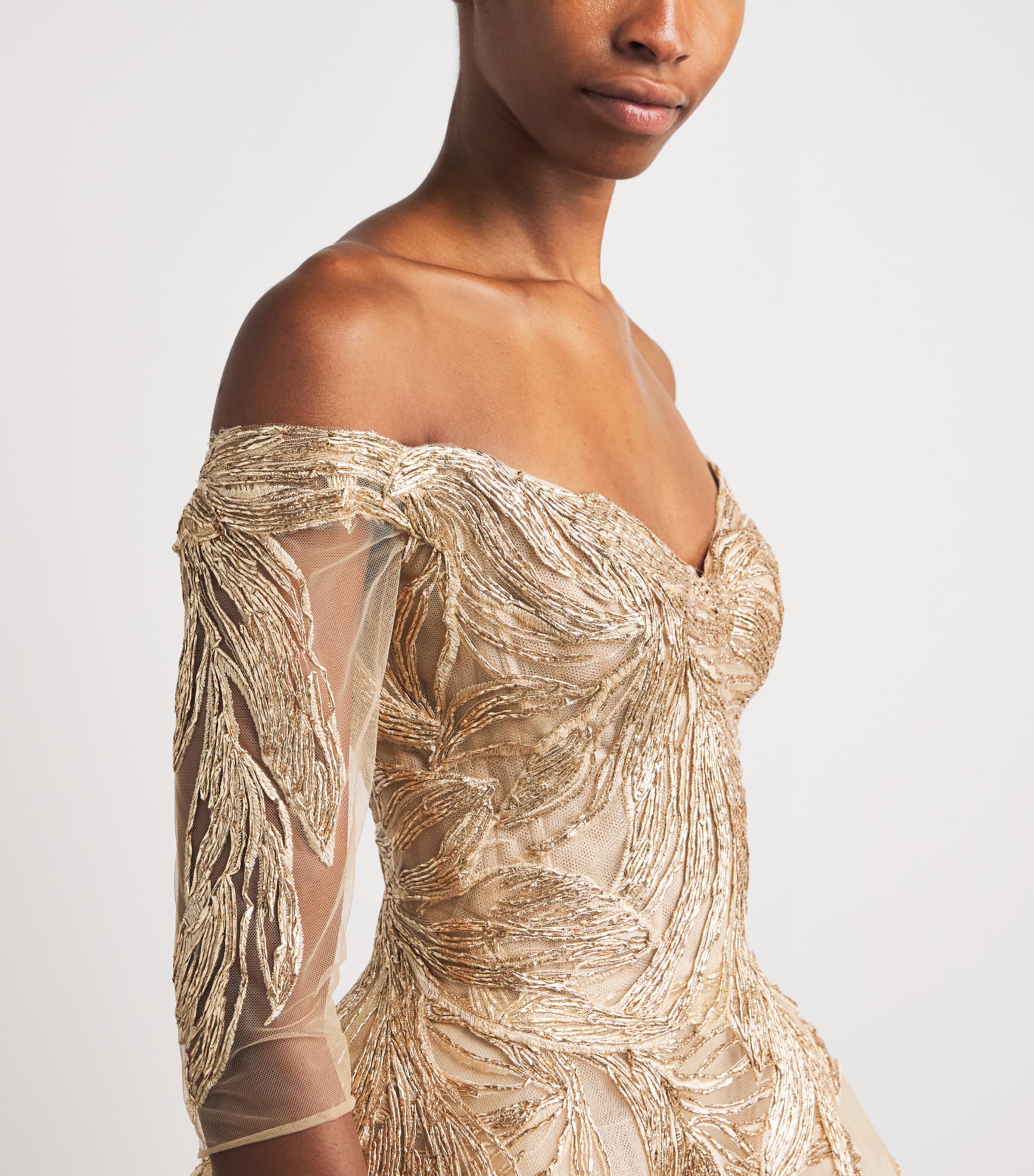 Tulle Feather-Embroidered Gown GOLD Image 4