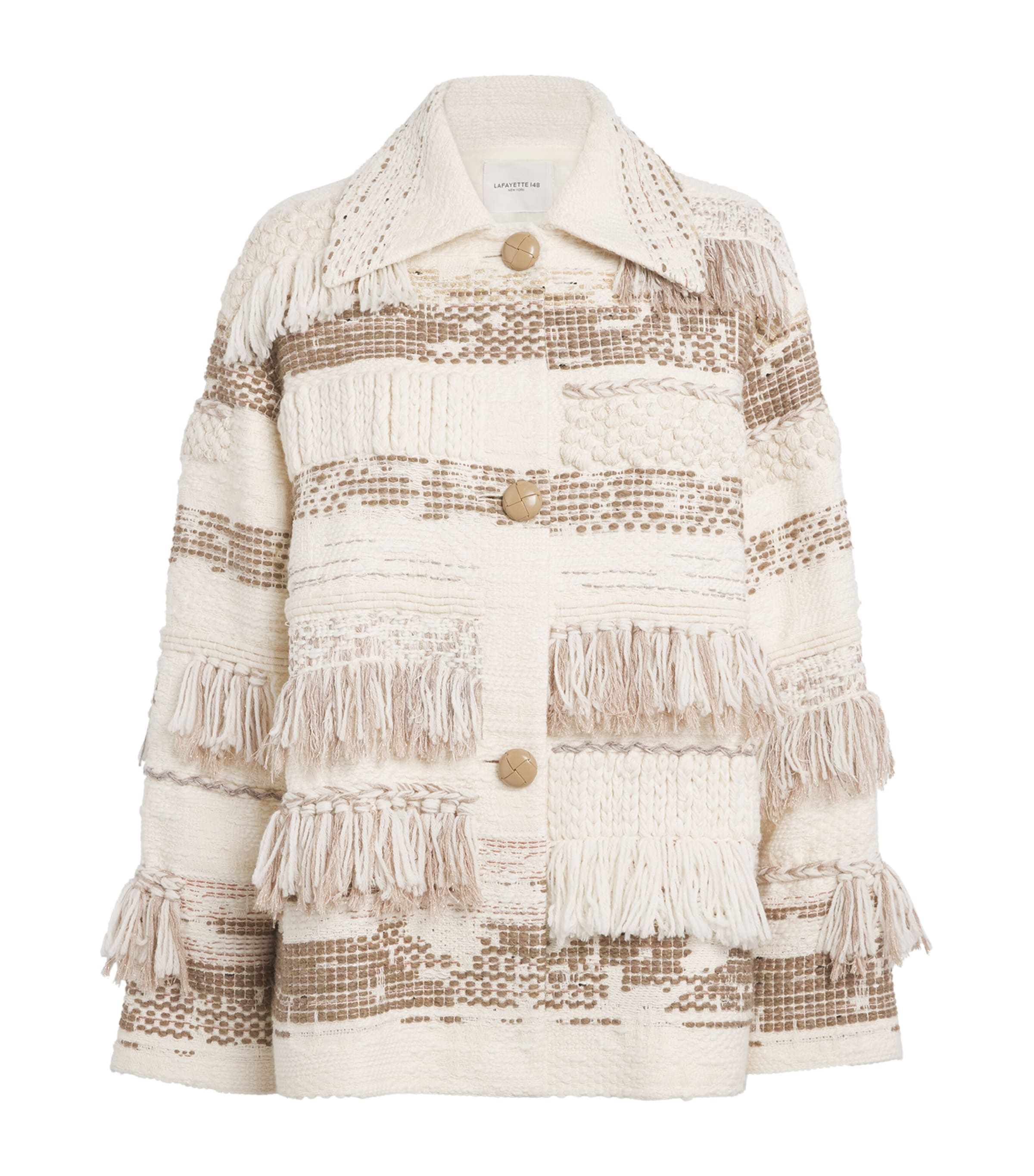 Lafayette 148 Merino-cashmere Woven Fringe Jacket In Neutral