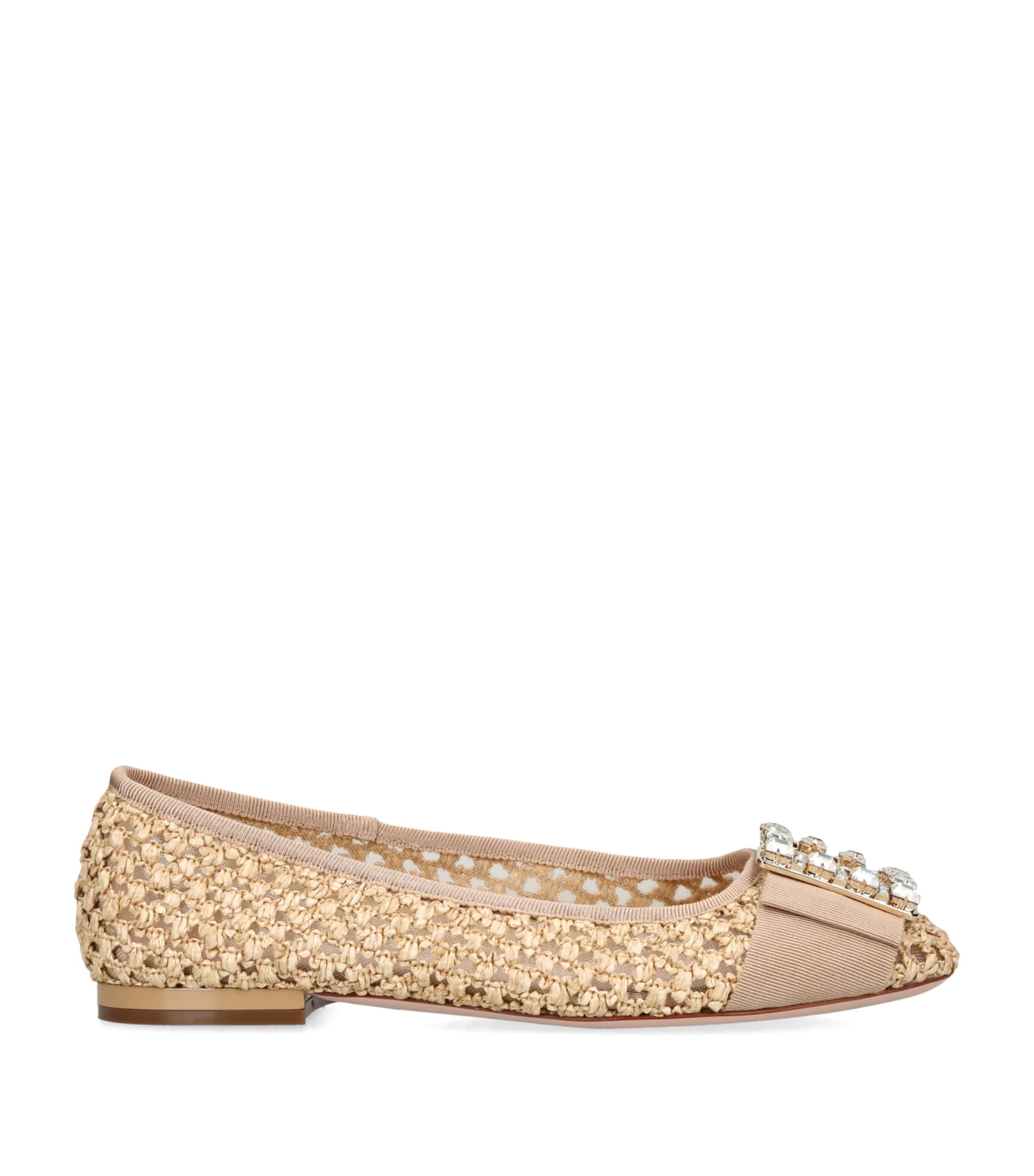 Shop Roger Vivier Raffia Viv Strass Ballet Flats In Beige