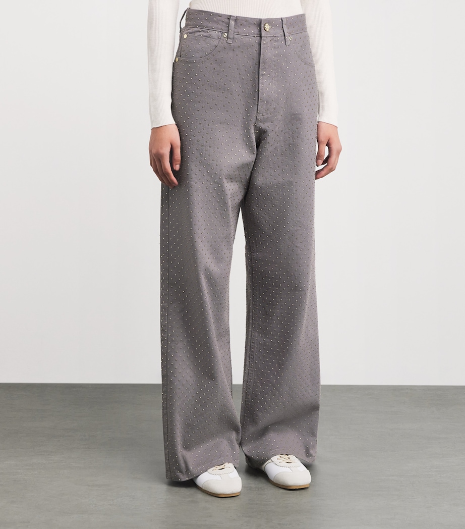 Sandro Paris Womens Rhinestone Mid-Rise Wide-Leg Jeans Grey Image 3