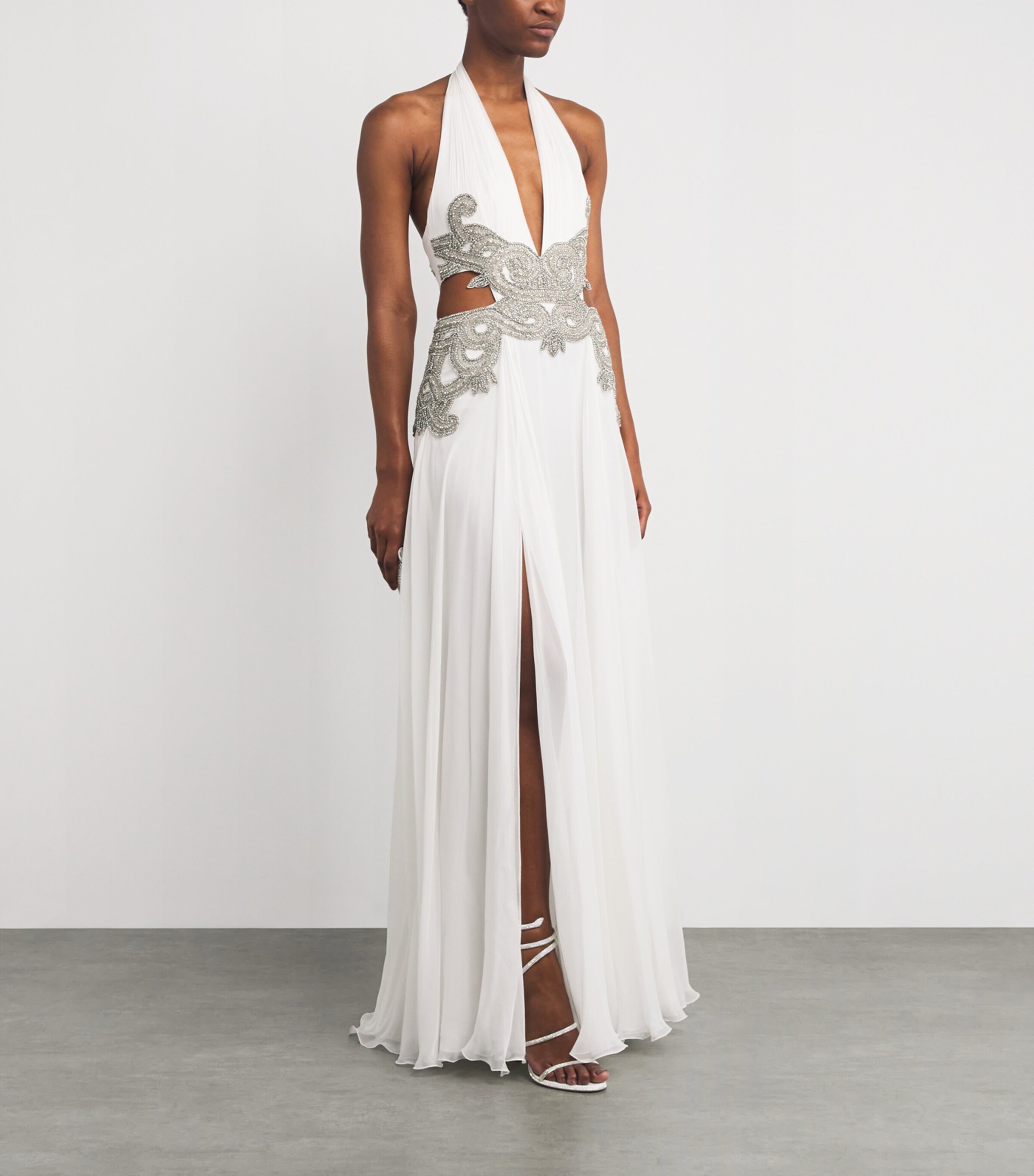 Zuhair Murad Womens Silk Chiffon Embellished Gown Wht/antq Slvr Image 2