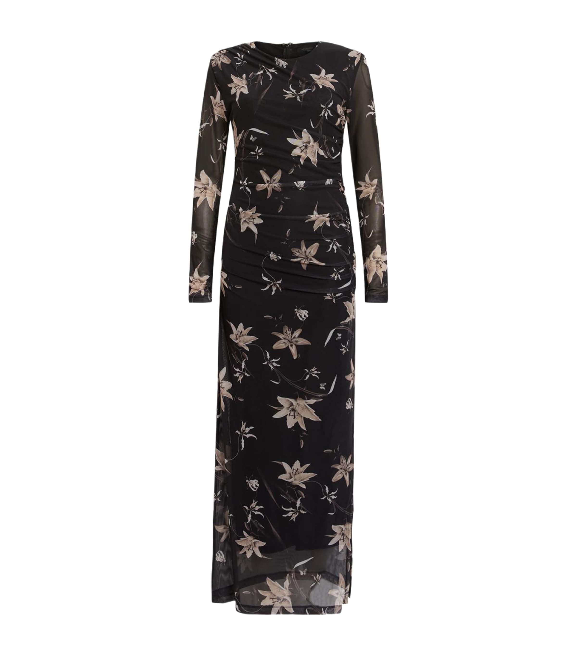 Allsaints Womens Petra Sepia Br Caia Floral-print Stretch-mesh Maxi Dress In Multi