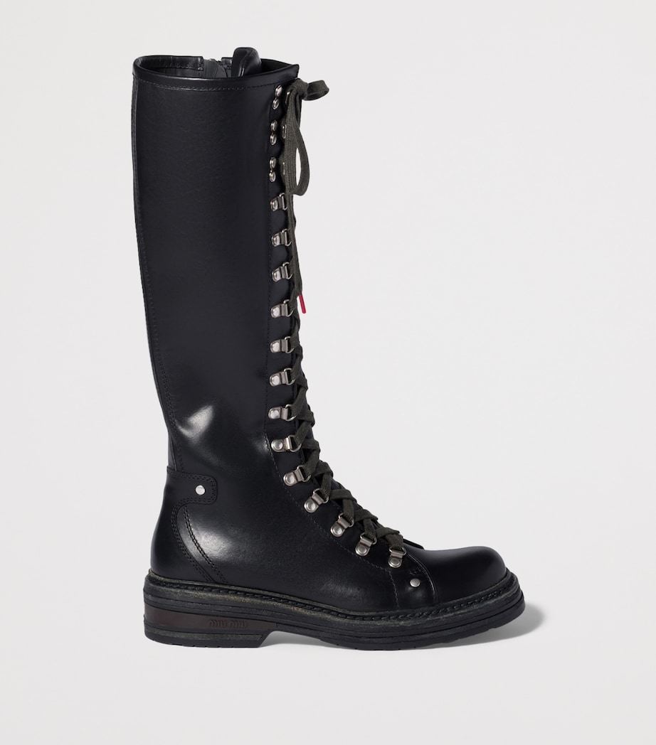 Miu Miu Leather Lace-Up Knee-High Boots Black Image 2