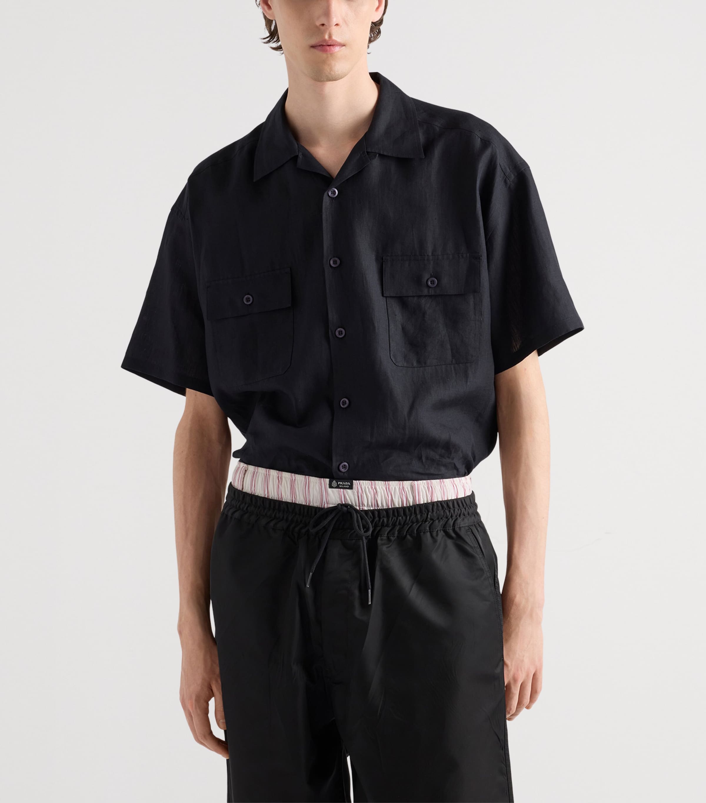 Prada Mens Linen Short-Sleeve Shirt Black Image 3